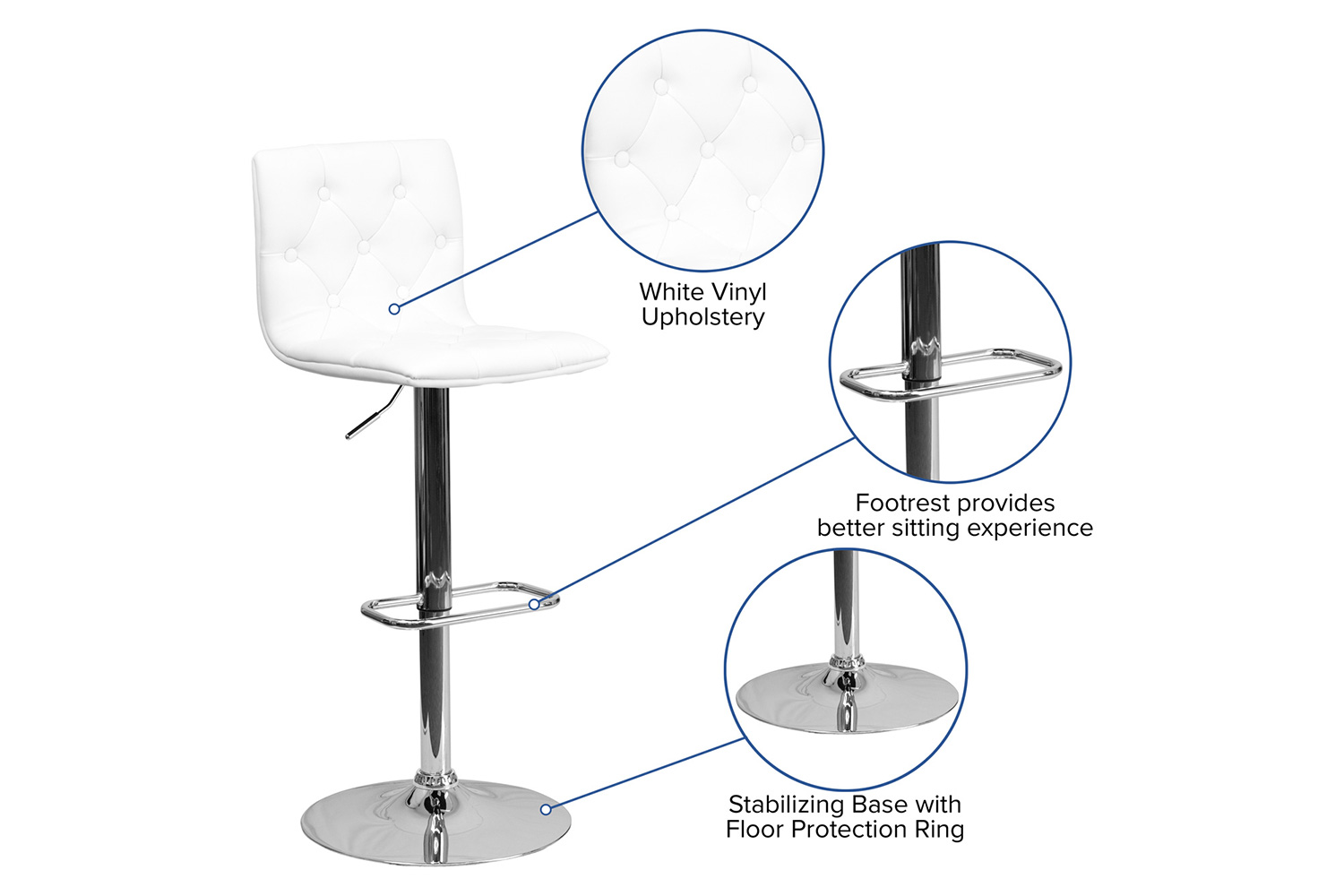 BLNK™ Sammie Vinyl Button Tufted Adjustable Height Bar Stool with Chrome Base - White