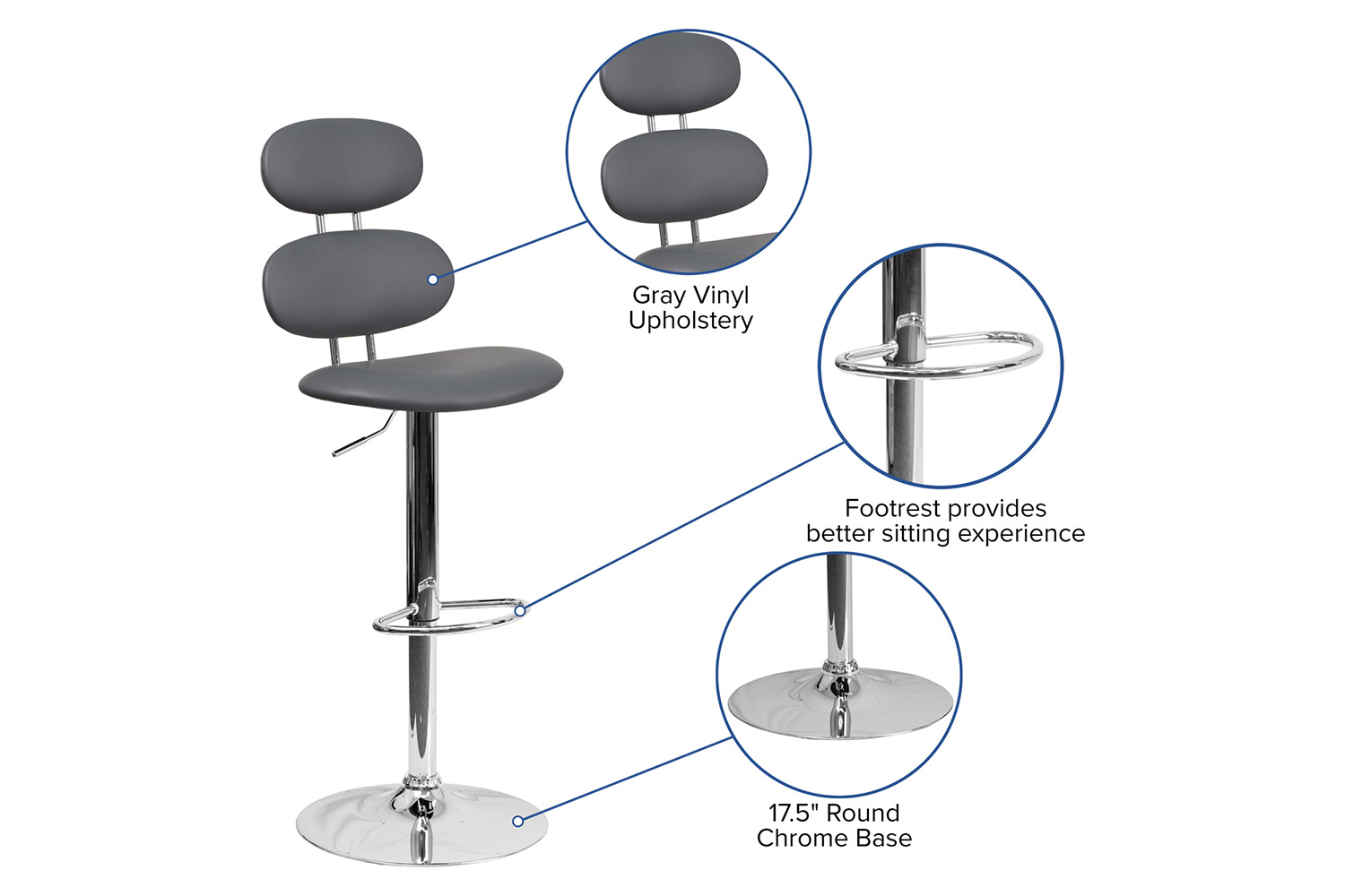 BLNK Dexter Gray Vinyl Adjustable Height Bar Stool with Ellipse Back and Chrome Base