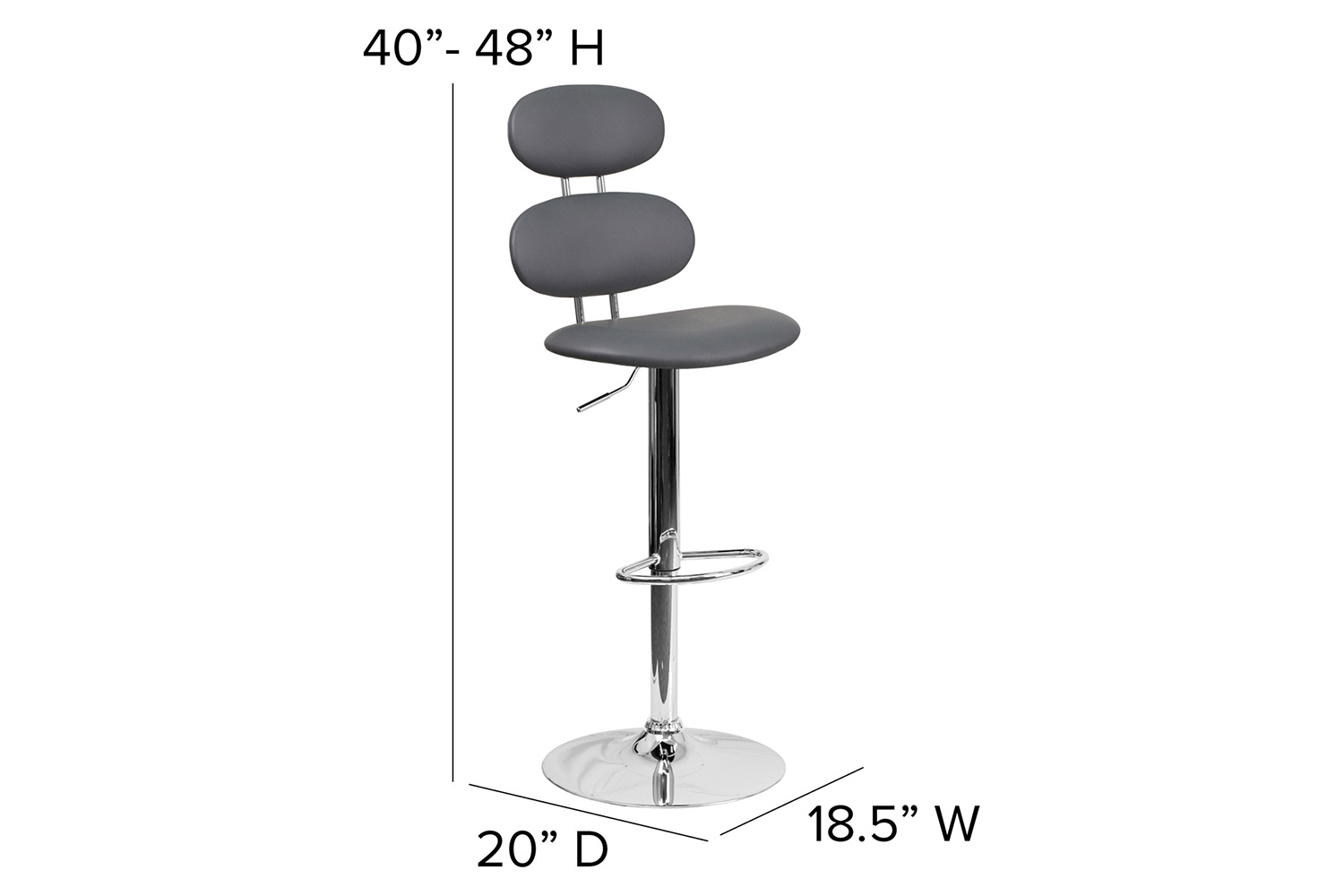 BLNK Dexter Gray Vinyl Adjustable Height Bar Stool with Ellipse Back and Chrome Base