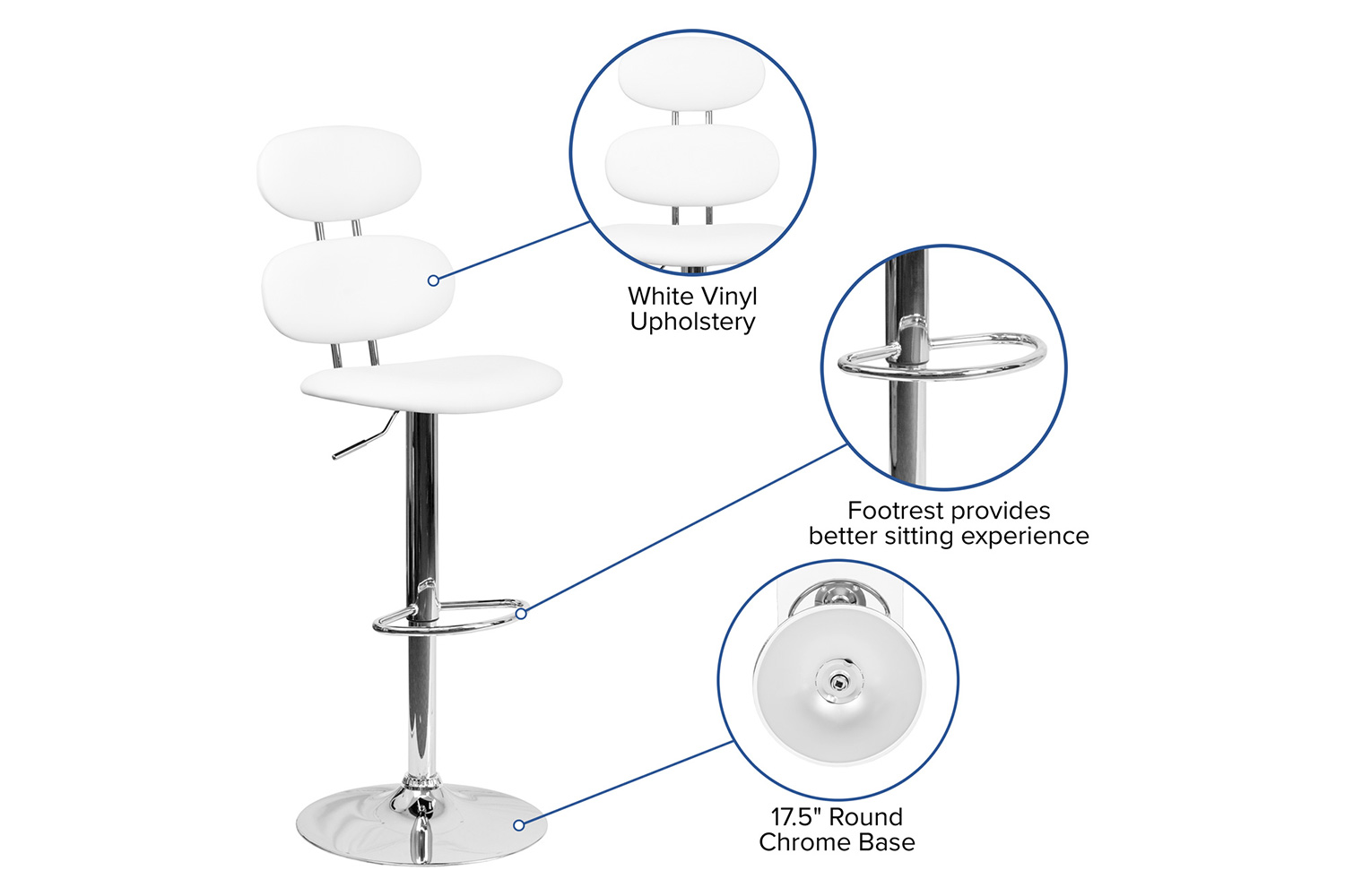 BLNK Dexter White Vinyl Adjustable Height Bar Stool with Ellipse Back and Chrome Base