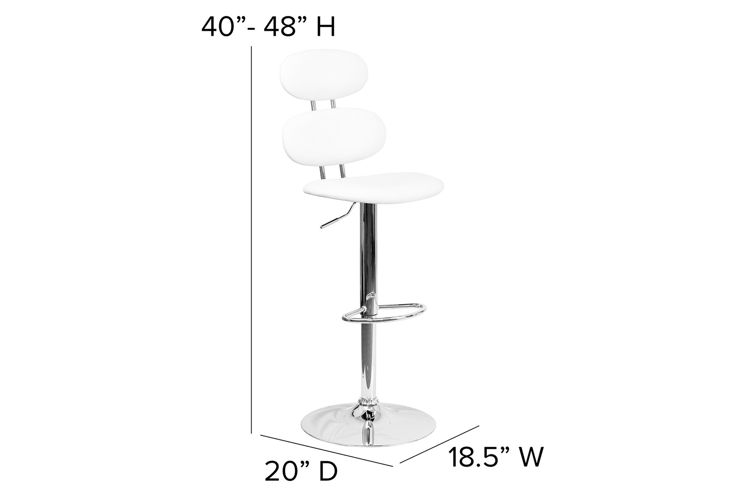 BLNK Dexter White Vinyl Adjustable Height Bar Stool with Ellipse Back and Chrome Base