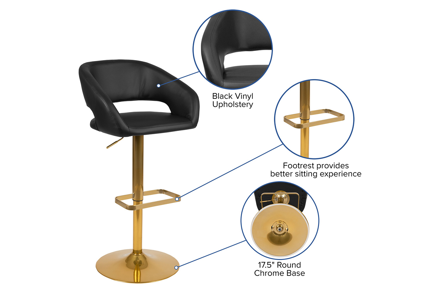 BLNK Erik Vinyl Adjustable Height Bar Stool with Rounded Mid-Back and Gold Base - Black