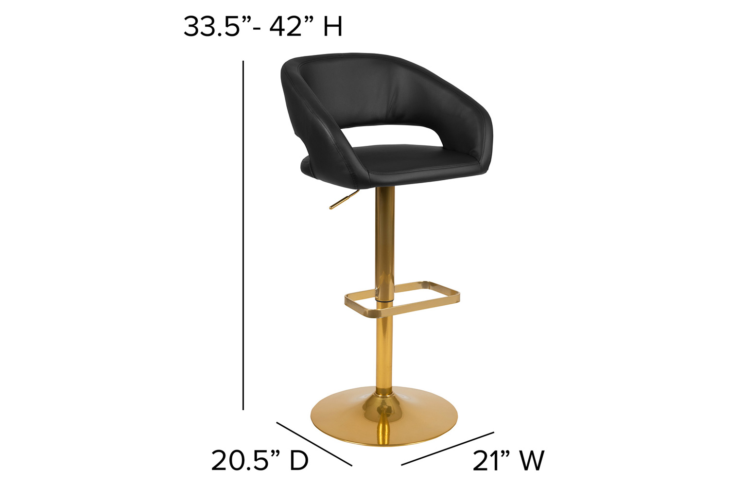 BLNK Erik Vinyl Adjustable Height Bar Stool with Rounded Mid-Back and Gold Base - Black