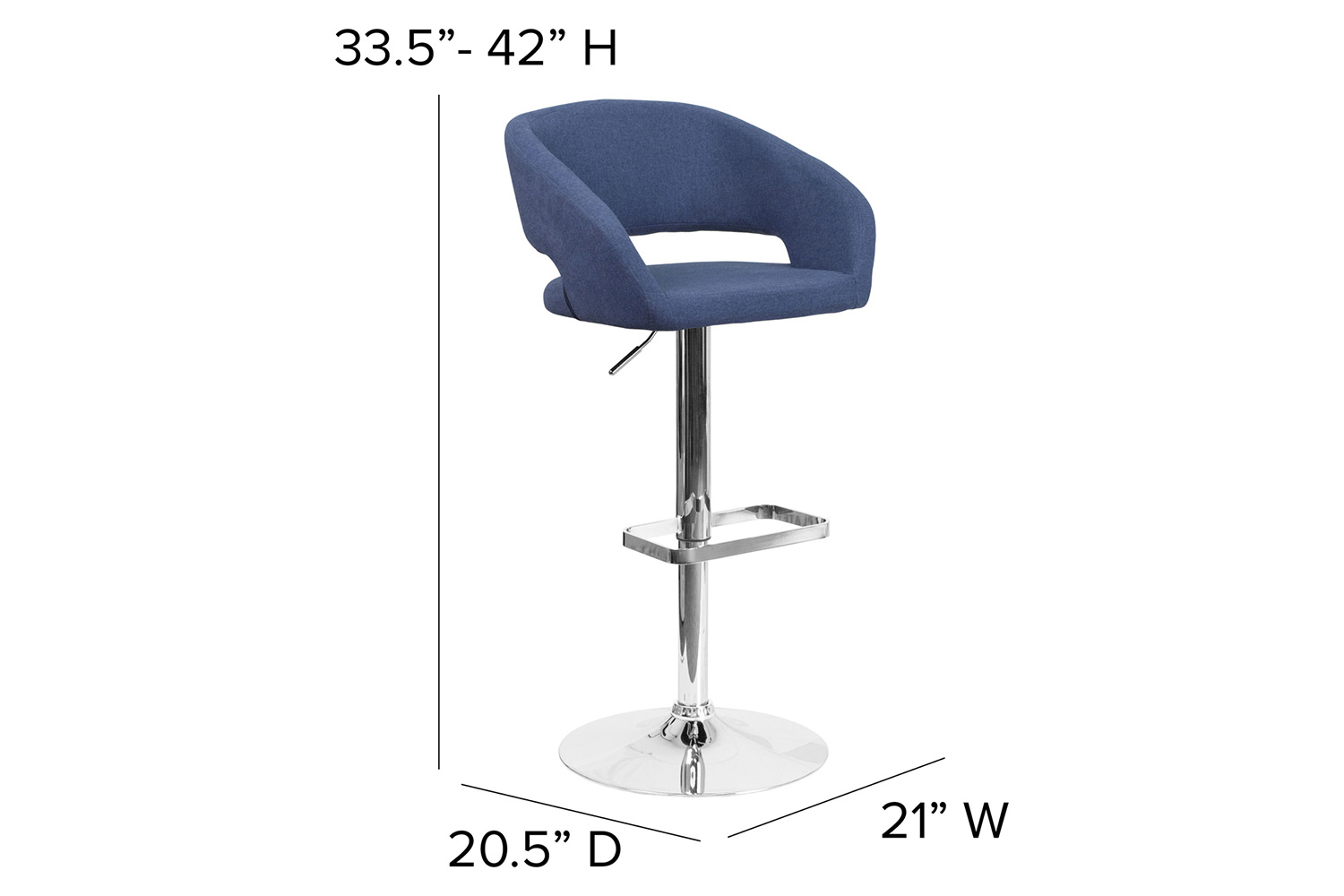 BLNK Erik Vinyl Adjustable Height Bar Stool with Rounded Mid-Back and Chrome Base - Blue