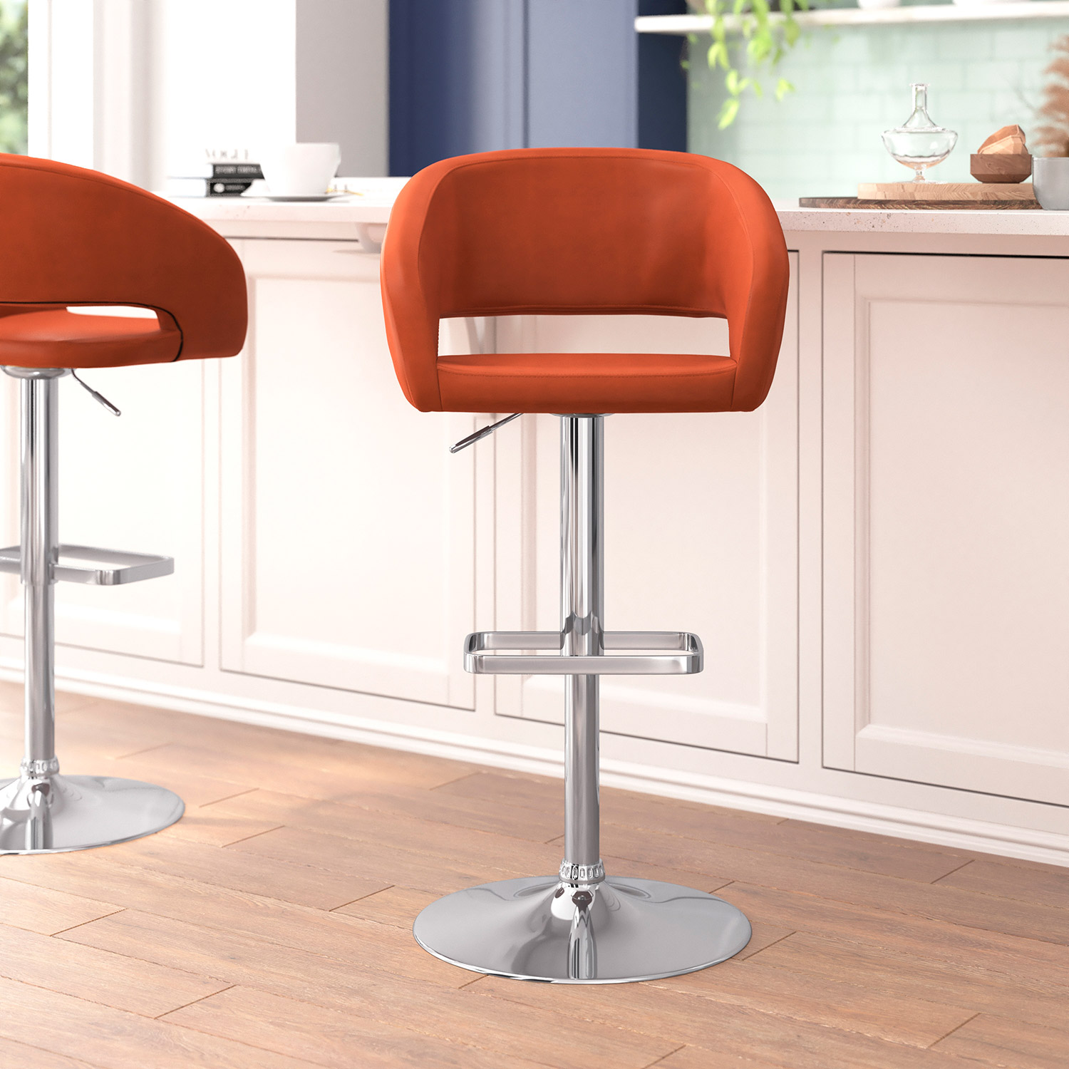 BLNK Erik Vinyl Adjustable Height Bar Stool with Rounded Mid-Back and Chrome Base