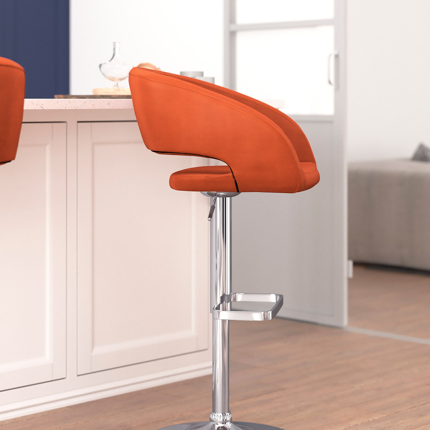 BLNK Erik Vinyl Adjustable Height Bar Stool with Rounded Mid-Back and Chrome Base - Cognac