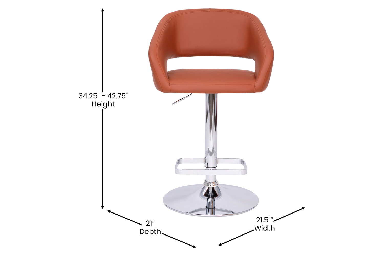 BLNK Erik Vinyl Adjustable Height Bar Stool with Rounded Mid-Back and Chrome Base - Cognac