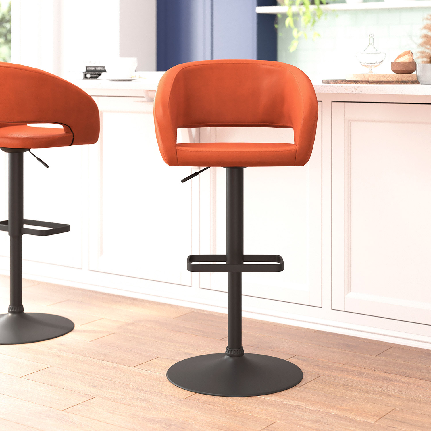 BLNK Erik Vinyl Adjustable Height Bar Stool with Rounded Mid-Back and Black Base