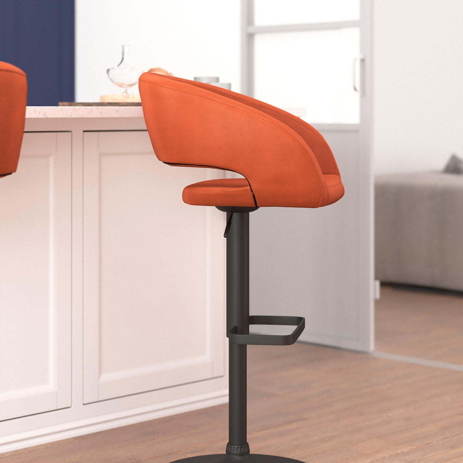 BLNK Erik Vinyl Adjustable Height Bar Stool with Rounded Mid-Back and Black Base - Cognac