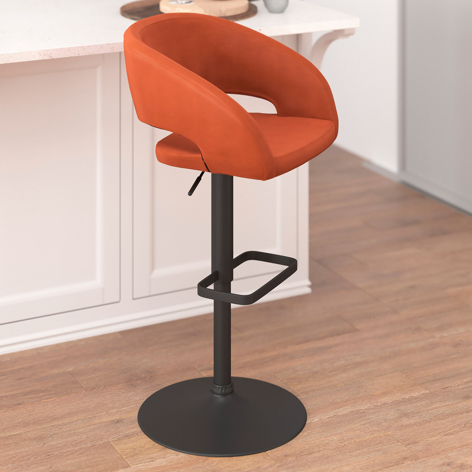 BLNK Erik Vinyl Adjustable Height Bar Stool with Rounded Mid-Back and Black Base - Cognac