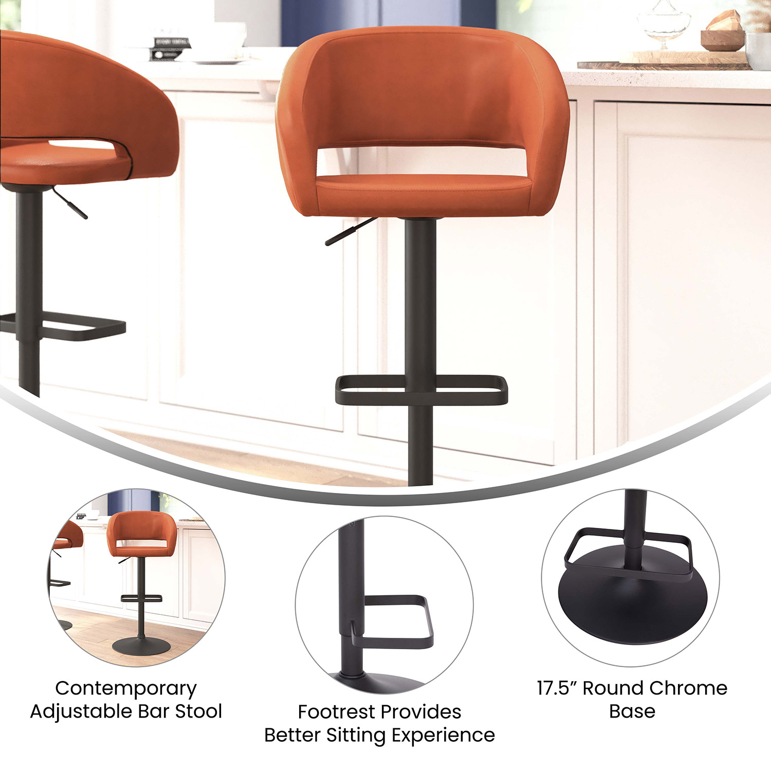 BLNK Erik Vinyl Adjustable Height Bar Stool with Rounded Mid-Back and Black Base - Cognac