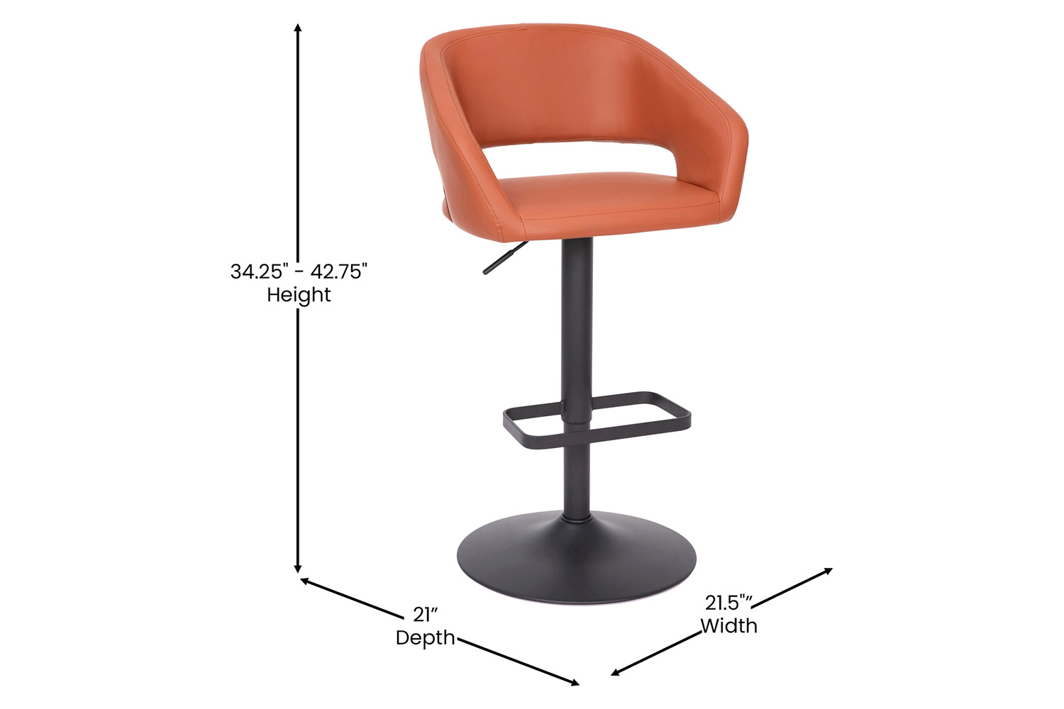 BLNK Erik Vinyl Adjustable Height Bar Stool with Rounded Mid-Back and Black Base - Cognac