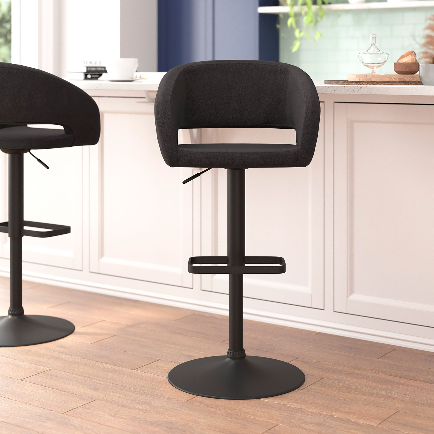 BLNK Erik Fabric Adjustable Height Bar Stool with Rounded Mid-Back and Black Base