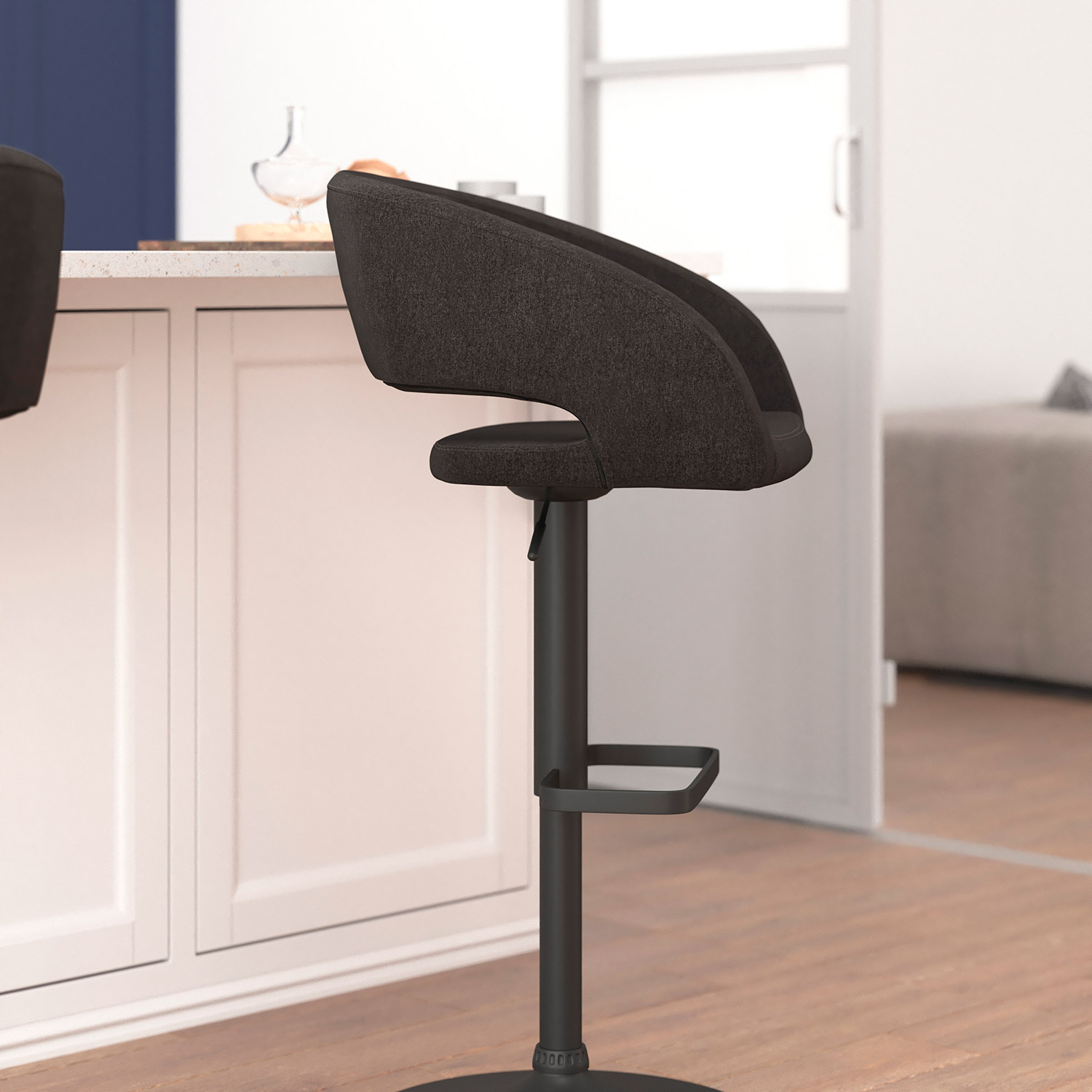 BLNK Erik Fabric Adjustable Height Bar Stool with Rounded Mid-Back and Black Base - Charcoal