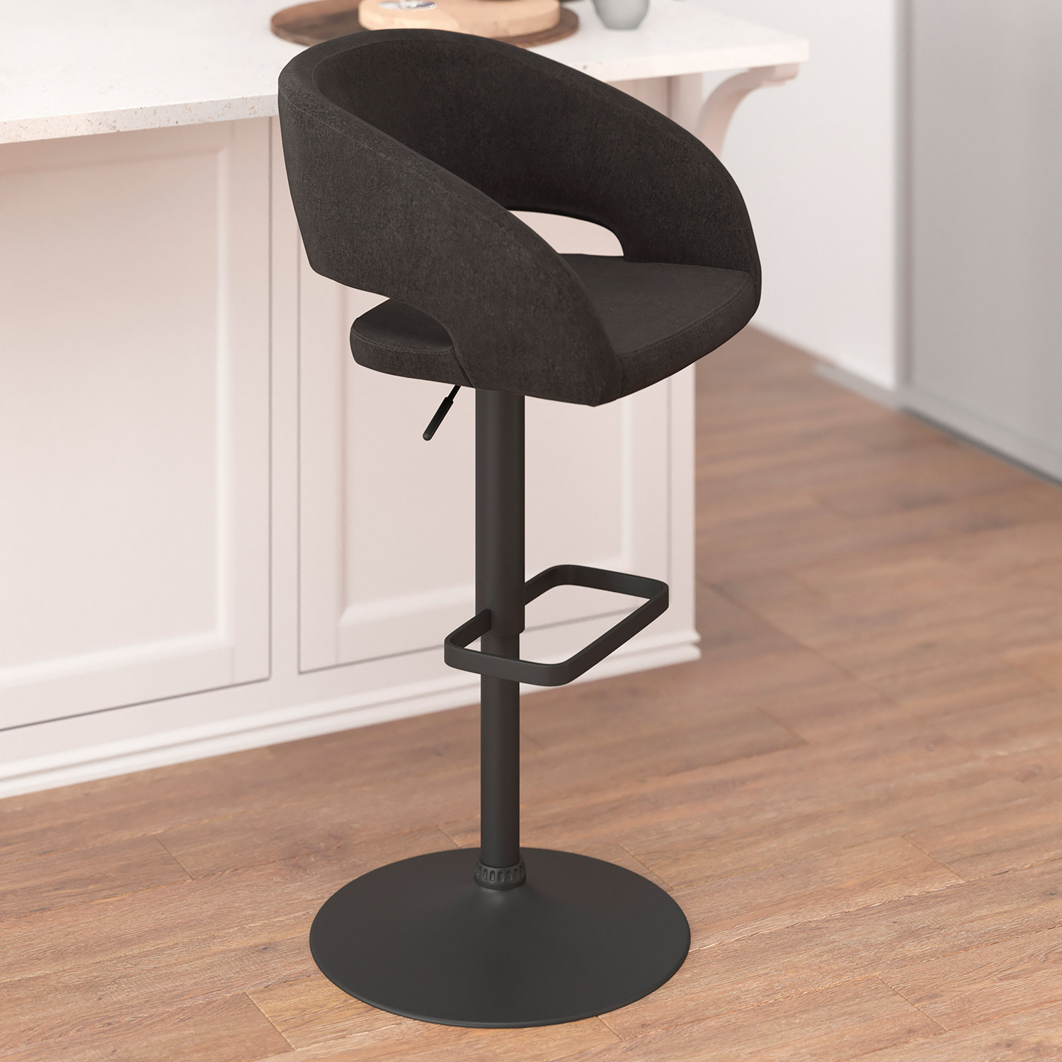 BLNK Erik Fabric Adjustable Height Bar Stool with Rounded Mid-Back and Black Base - Charcoal