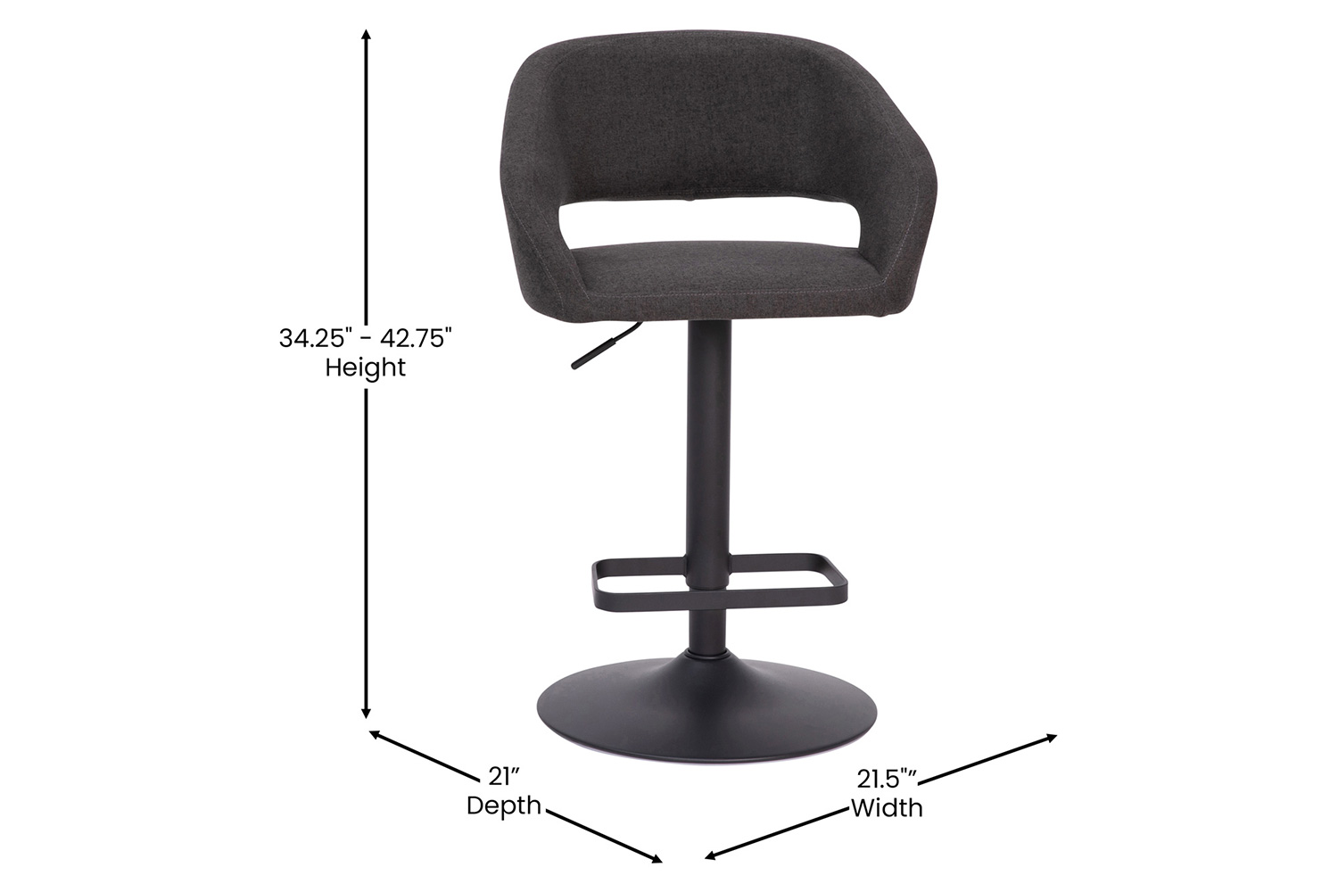 BLNK Erik Fabric Adjustable Height Bar Stool with Rounded Mid-Back and Black Base - Charcoal