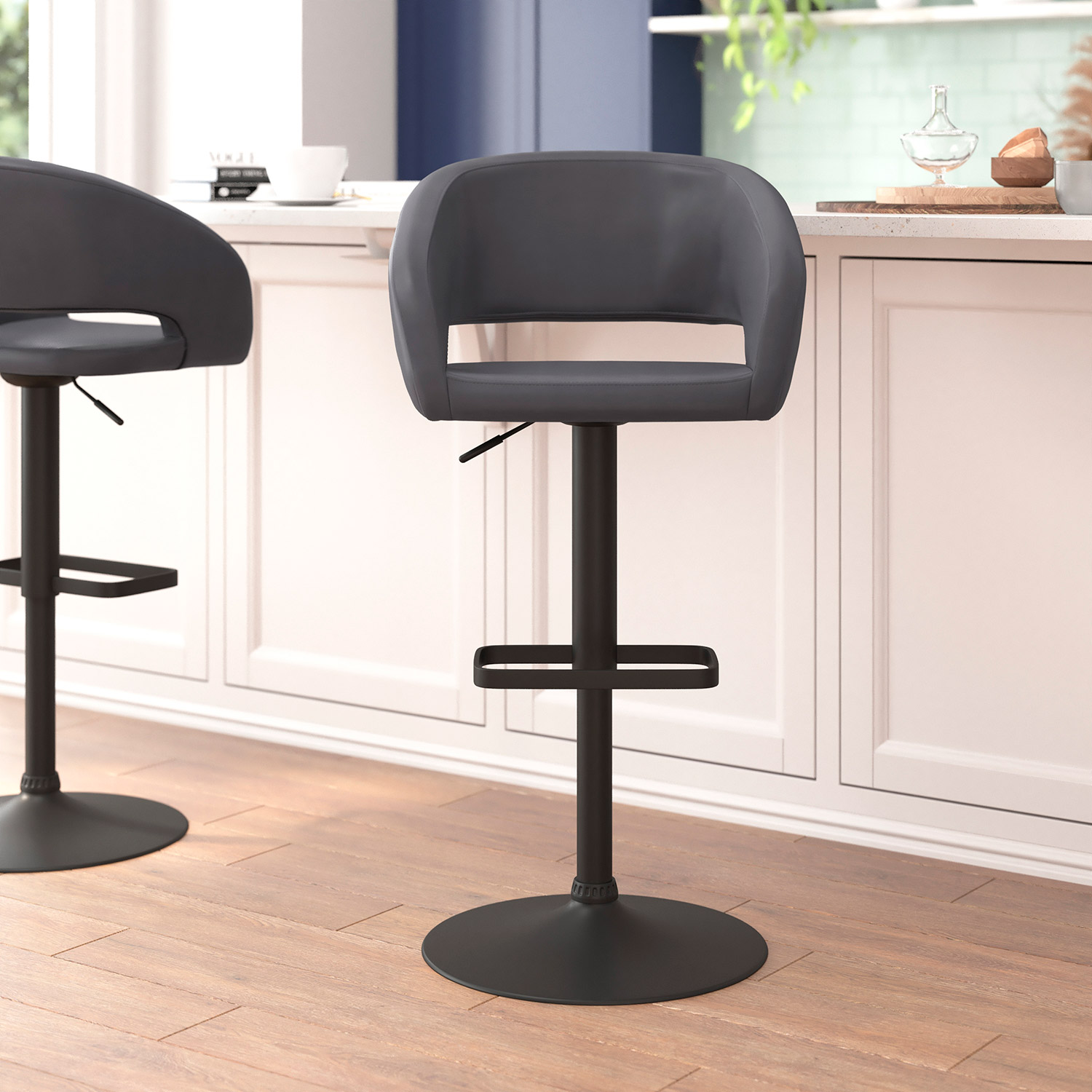 BLNK Erik Vinyl Adjustable Height Bar Stool with Rounded Mid-Back and Black Base