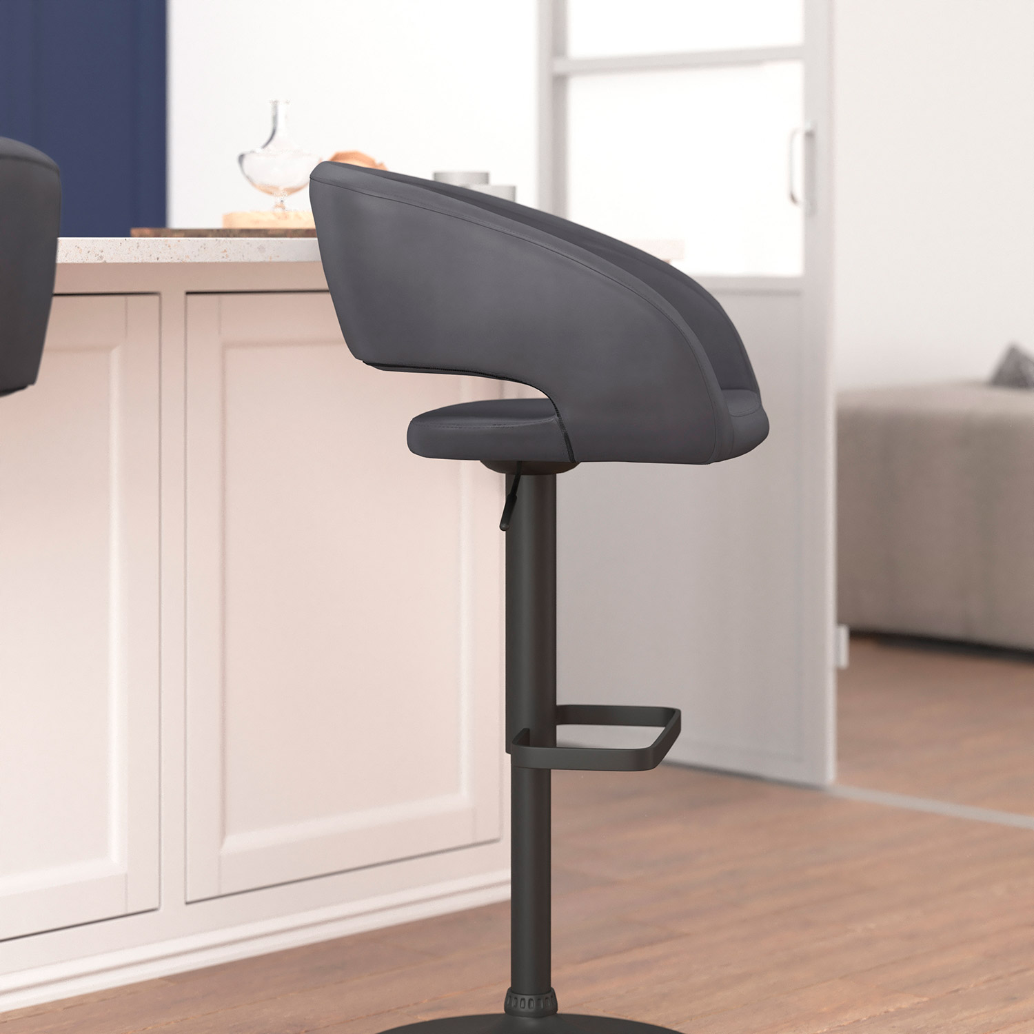 BLNK™ Erik Vinyl Adjustable Height Bar Stool with Rounded Mid-Back and Black Base - Gray