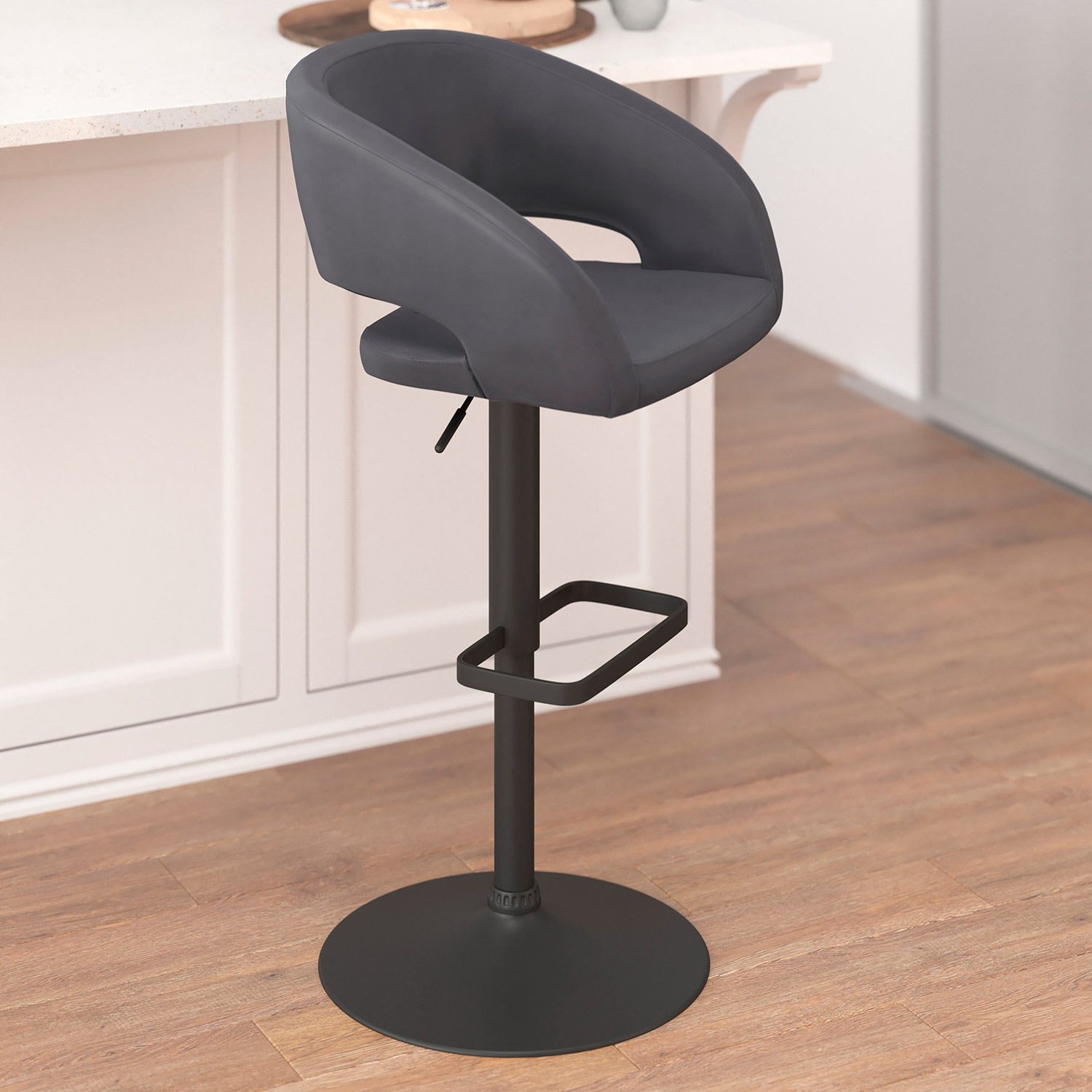 BLNK™ Erik Vinyl Adjustable Height Bar Stool with Rounded Mid-Back and Black Base - Gray