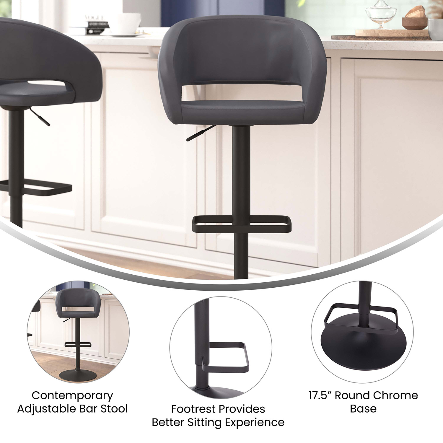 BLNK™ Erik Vinyl Adjustable Height Bar Stool with Rounded Mid-Back and Black Base - Gray