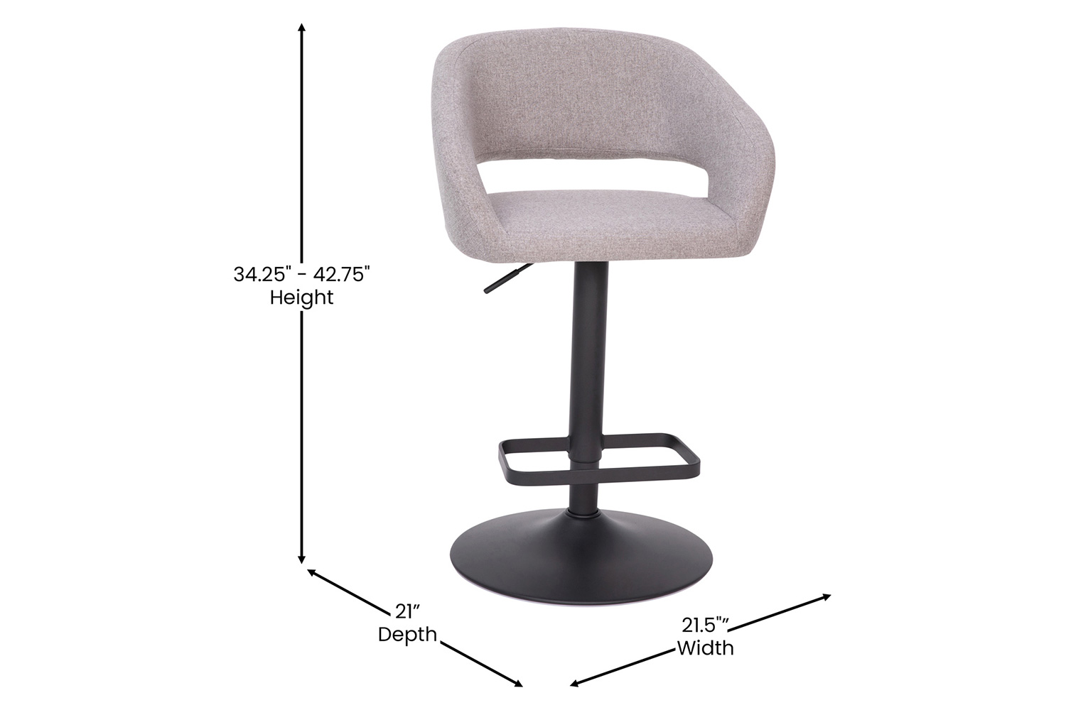 BLNK™ Erik Vinyl Adjustable Height Bar Stool with Rounded Mid-Back and Black Base - Gray