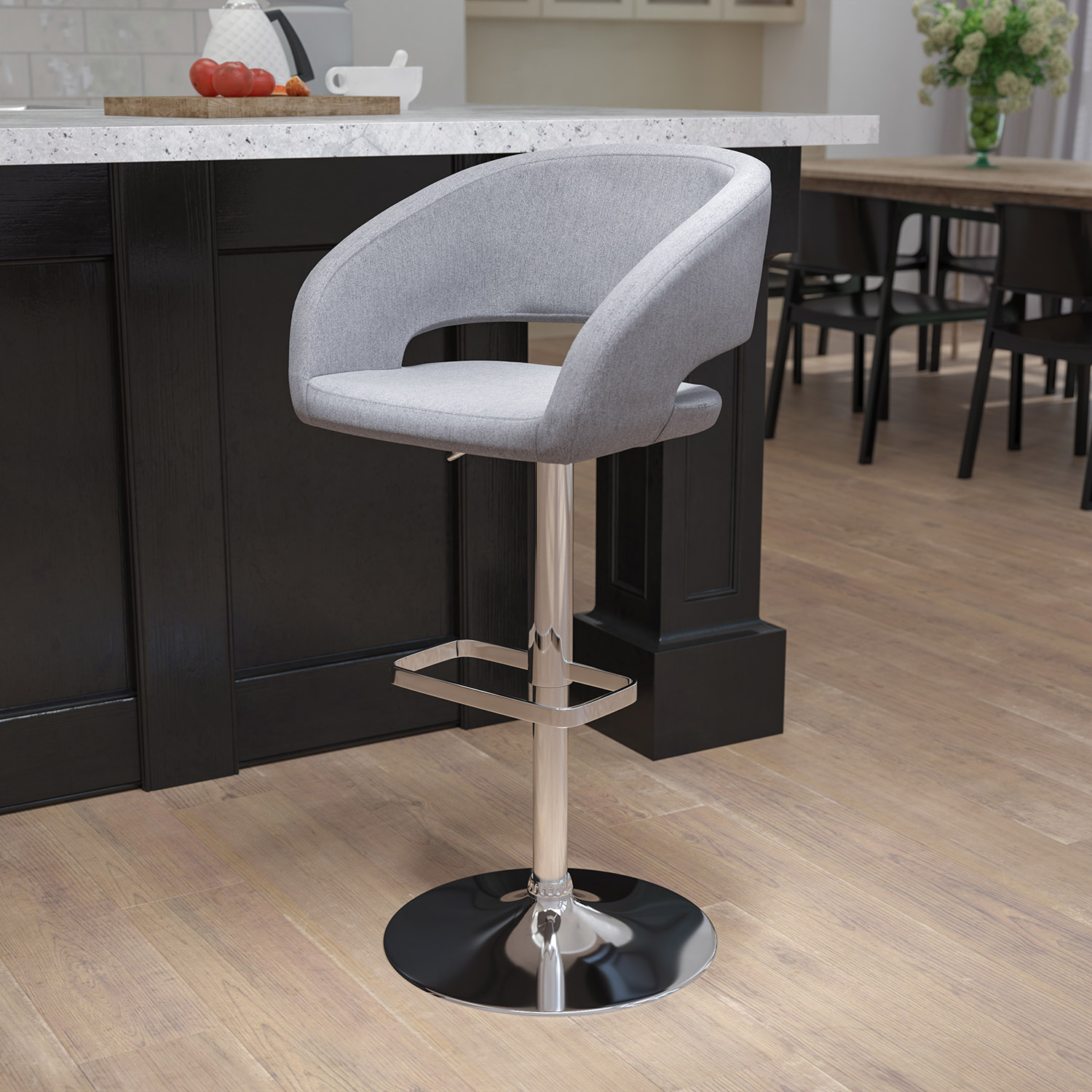 BLNK Erik Fabric Adjustable Height Bar Stool with Rounded Mid-Back and Chrome Base