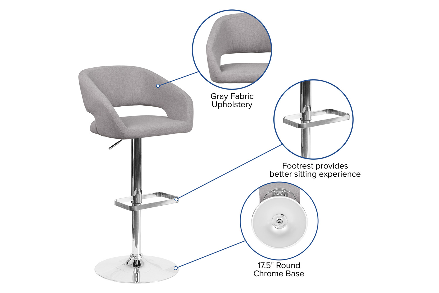 BLNK™ Erik Fabric Adjustable Height Bar Stool with Rounded Mid-Back and Chrome Base - Gray