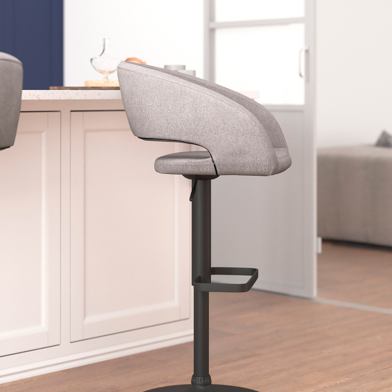 BLNK Erik Fabric Adjustable Height Bar Stool with Rounded Mid-Back and Black Base