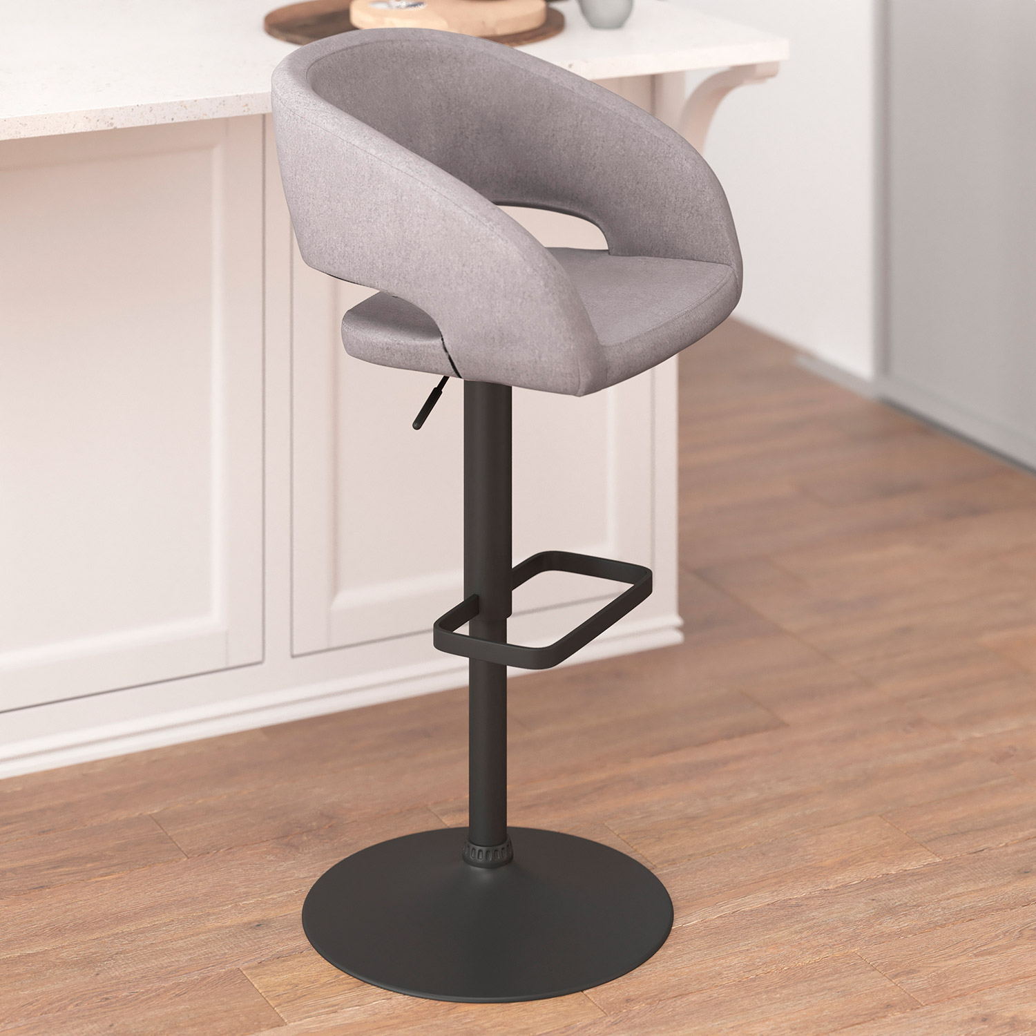 BLNK Erik Fabric Adjustable Height Bar Stool with Rounded Mid-Back and Black Base - Gray