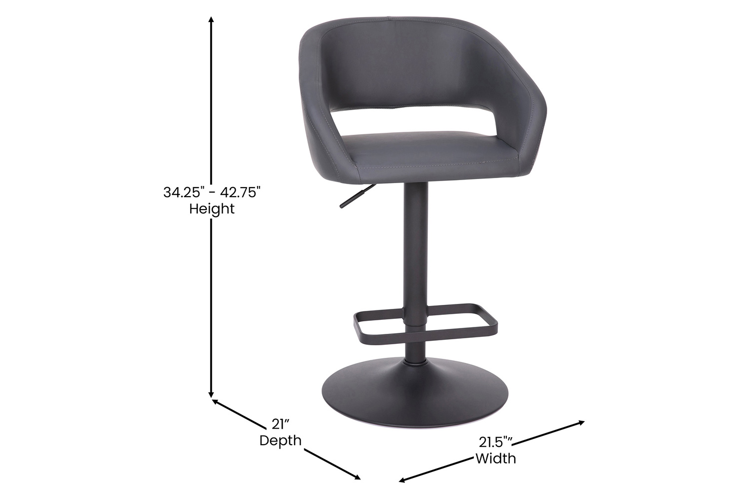 BLNK Erik Fabric Adjustable Height Bar Stool with Rounded Mid-Back and Black Base - Gray