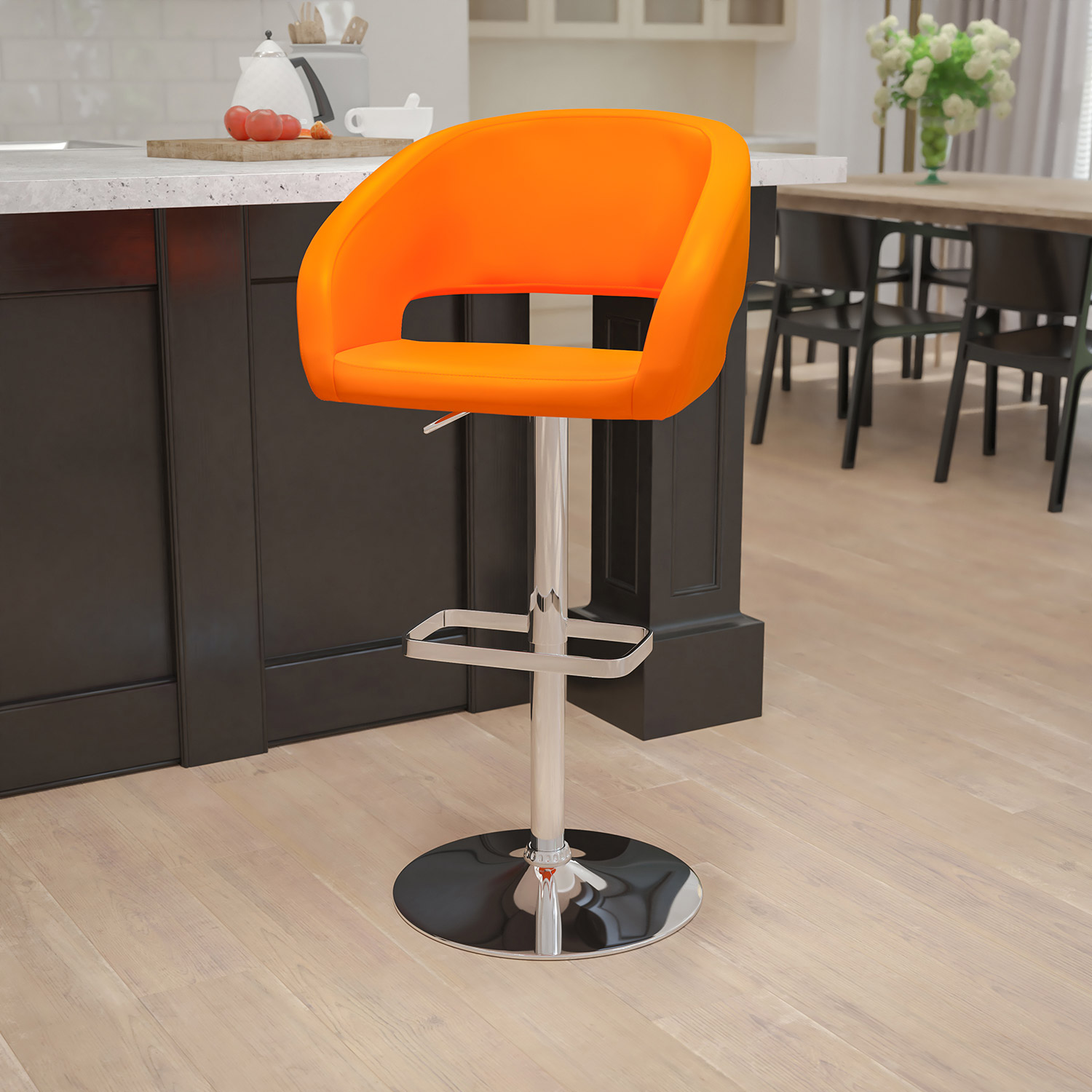 BLNK Erik Vinyl Adjustable Height Bar Stool with Rounded Mid-Back and Chrome Base