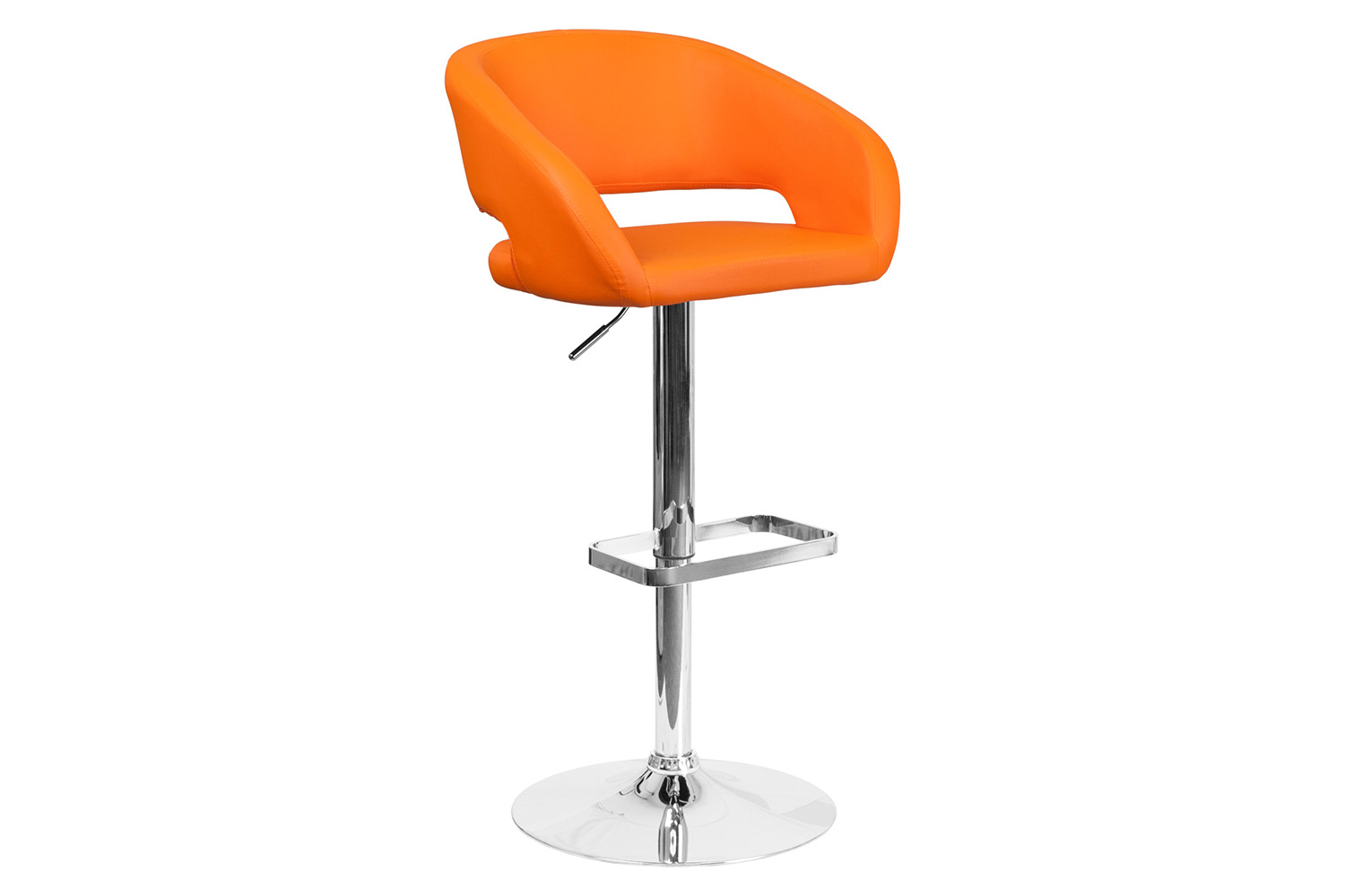 BLNK Erik Vinyl Adjustable Height Bar Stool with Rounded Mid-Back and Chrome Base - Orange