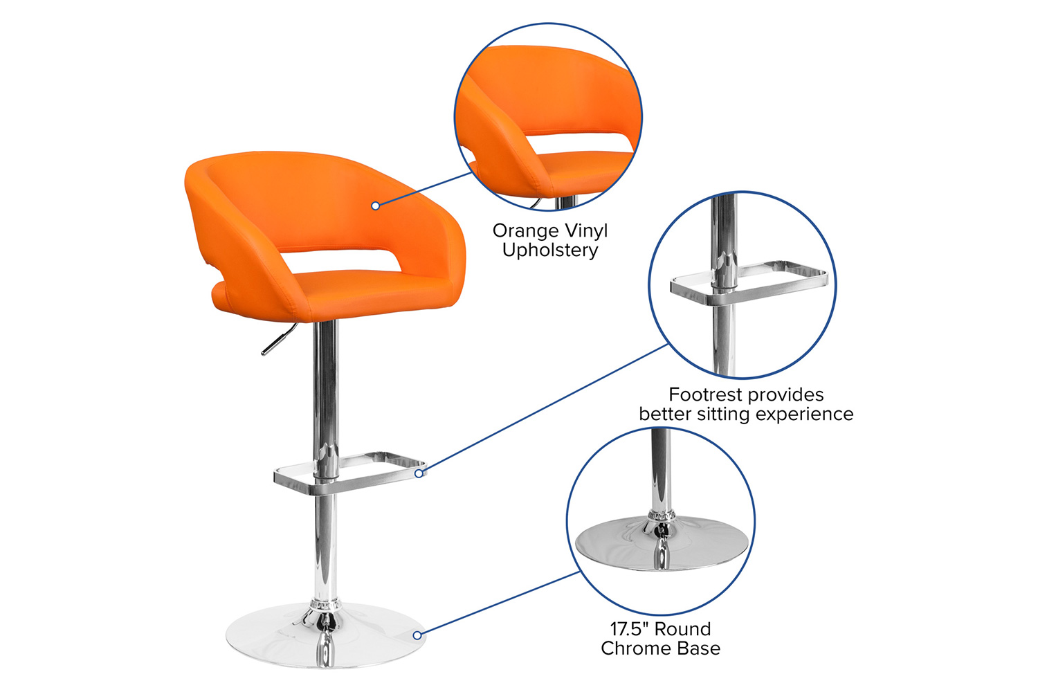 BLNK Erik Vinyl Adjustable Height Bar Stool with Rounded Mid-Back and Chrome Base - Orange