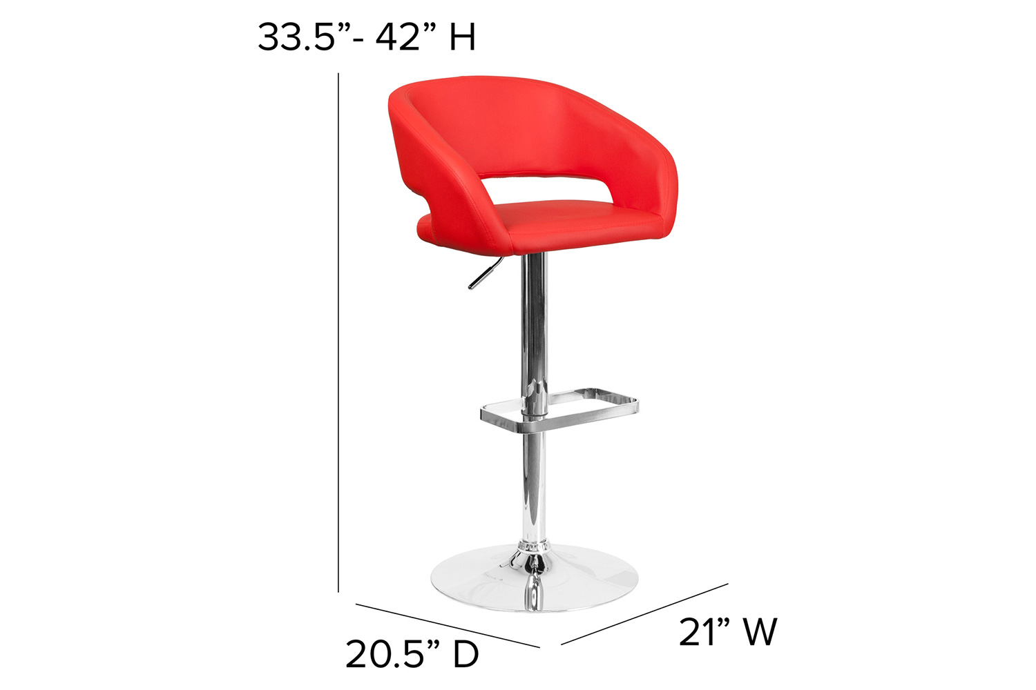 BLNK Erik Vinyl Adjustable Height Bar Stool with Rounded Mid-Back and Chrome Base - Red