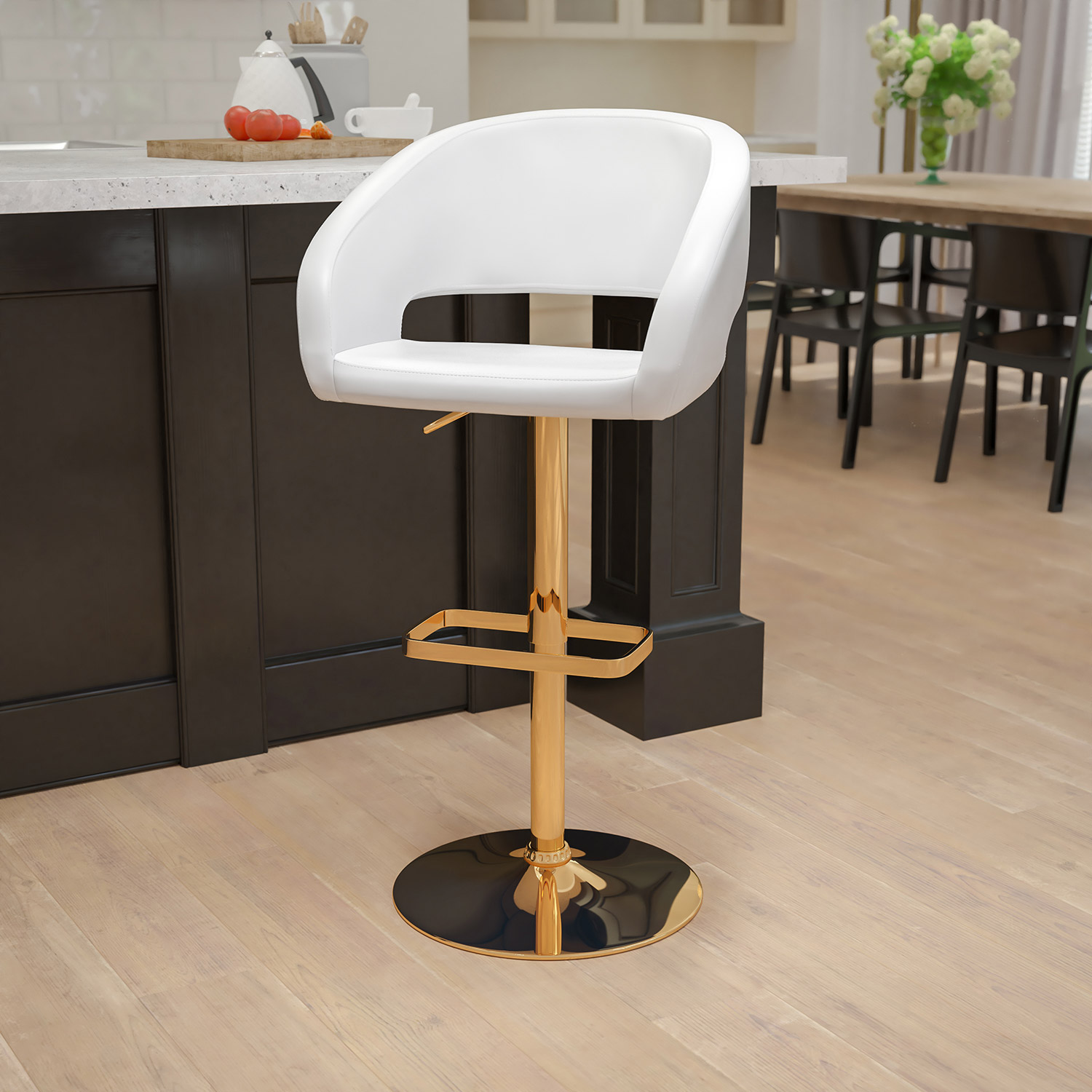 BLNK Erik Vinyl Adjustable Height Bar Stool with Rounded Mid-Back and Gold Base