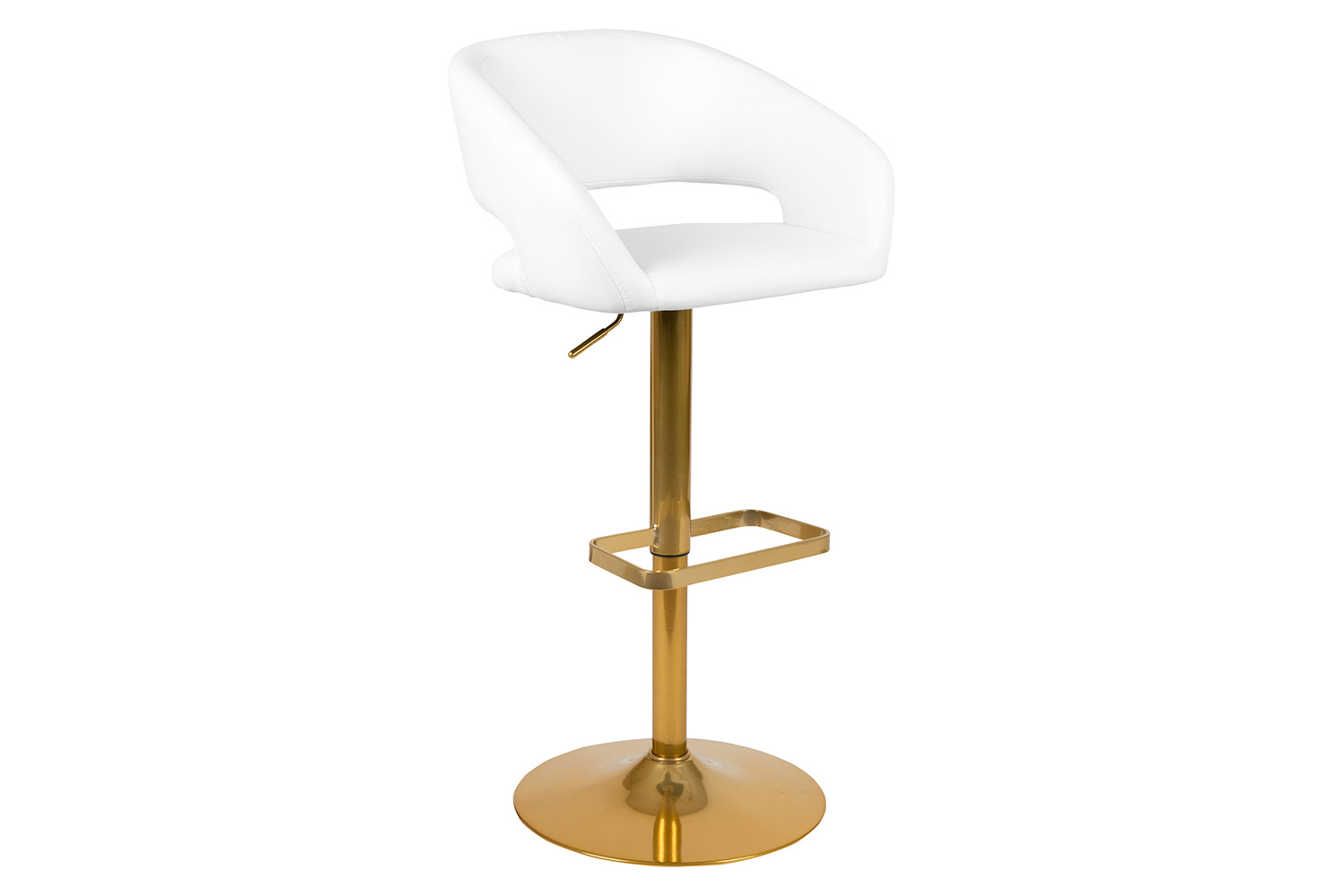 BLNK Erik Vinyl Adjustable Height Bar Stool with Rounded Mid-Back and Gold Base - White