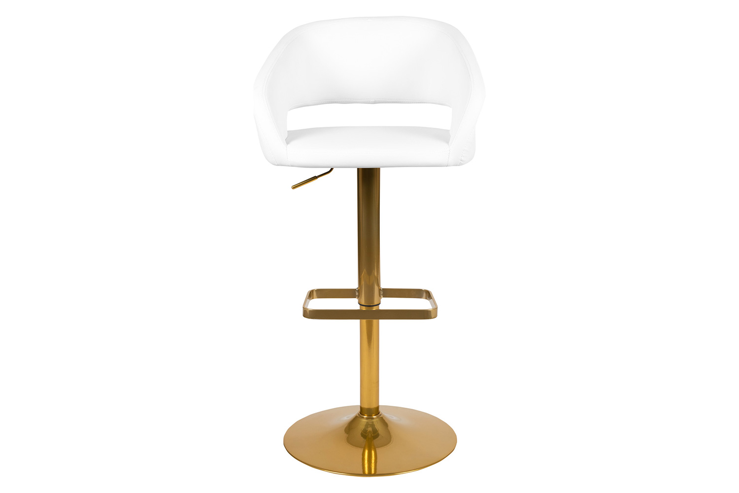 BLNK Erik Vinyl Adjustable Height Bar Stool with Rounded Mid-Back and Gold Base - White