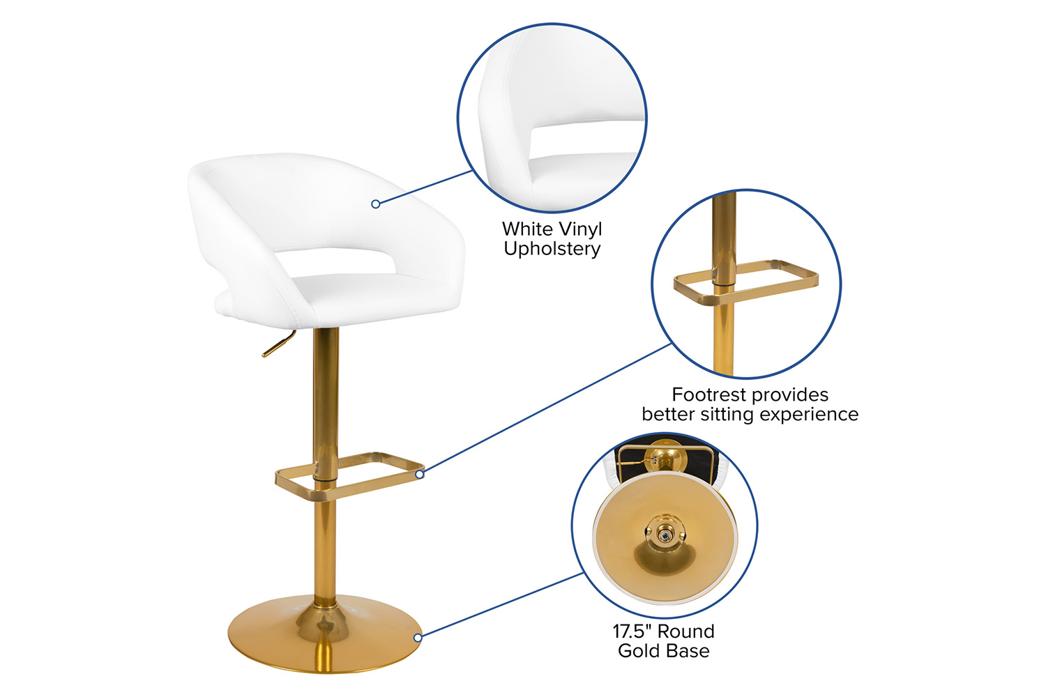 BLNK Erik Vinyl Adjustable Height Bar Stool with Rounded Mid-Back and Gold Base - White