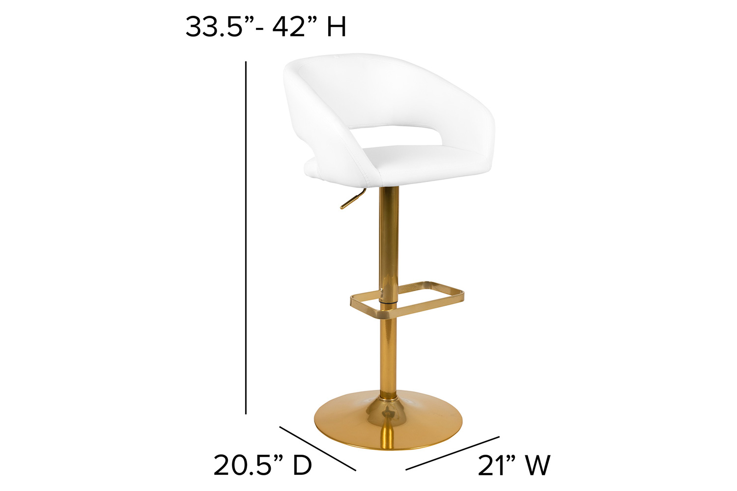 BLNK Erik Vinyl Adjustable Height Bar Stool with Rounded Mid-Back and Gold Base - White