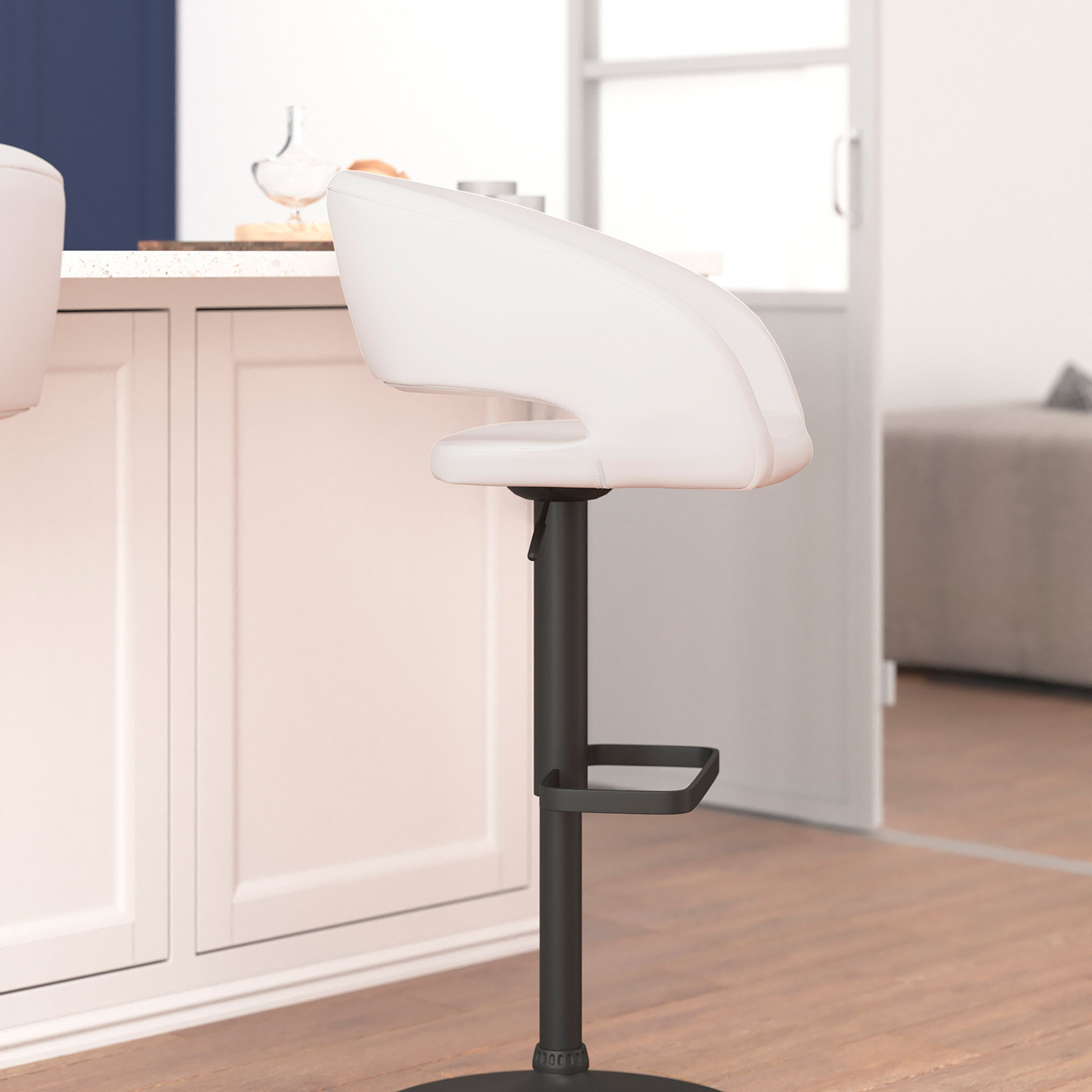 BLNK Erik Vinyl Adjustable Height Bar Stool with Rounded Mid-Back and Black Base - White