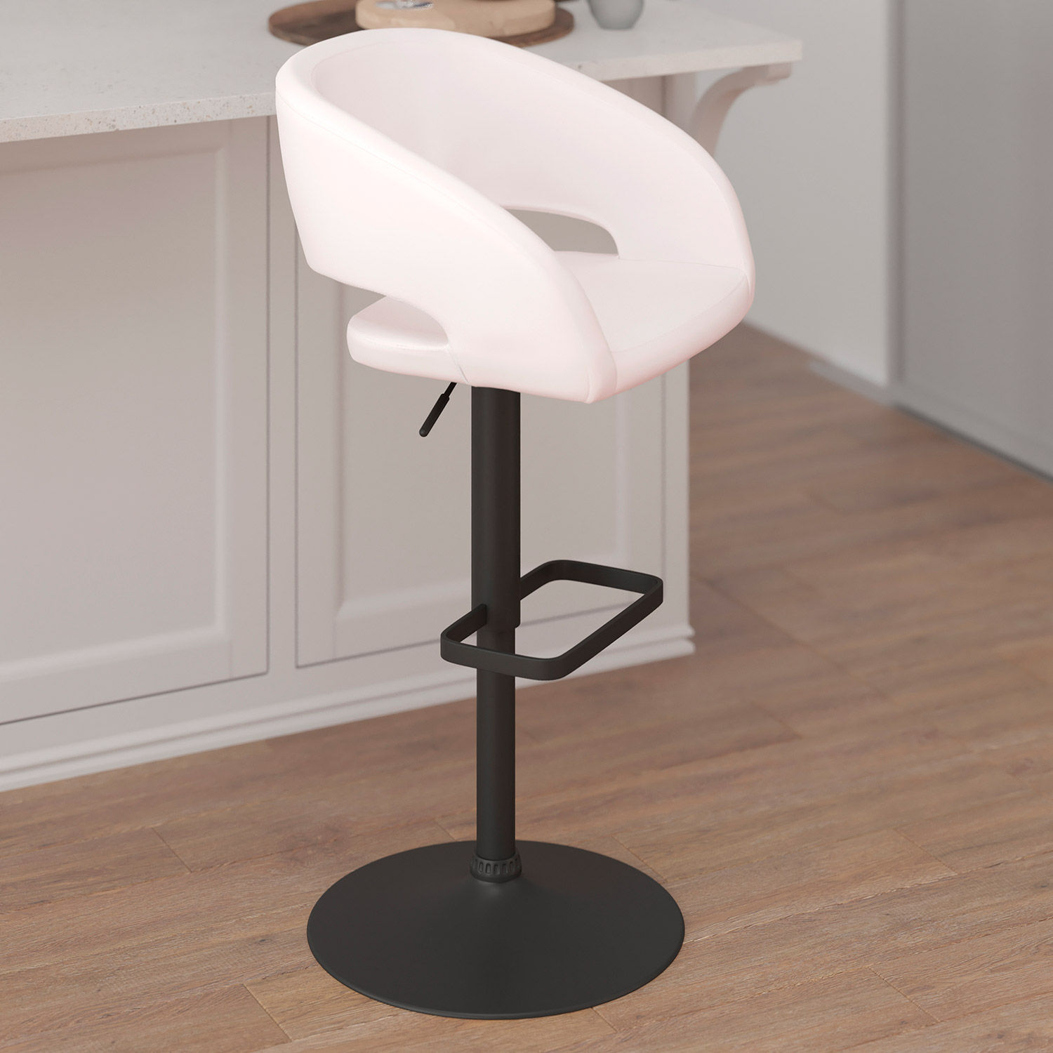 BLNK Erik Vinyl Adjustable Height Bar Stool with Rounded Mid-Back and Black Base - White