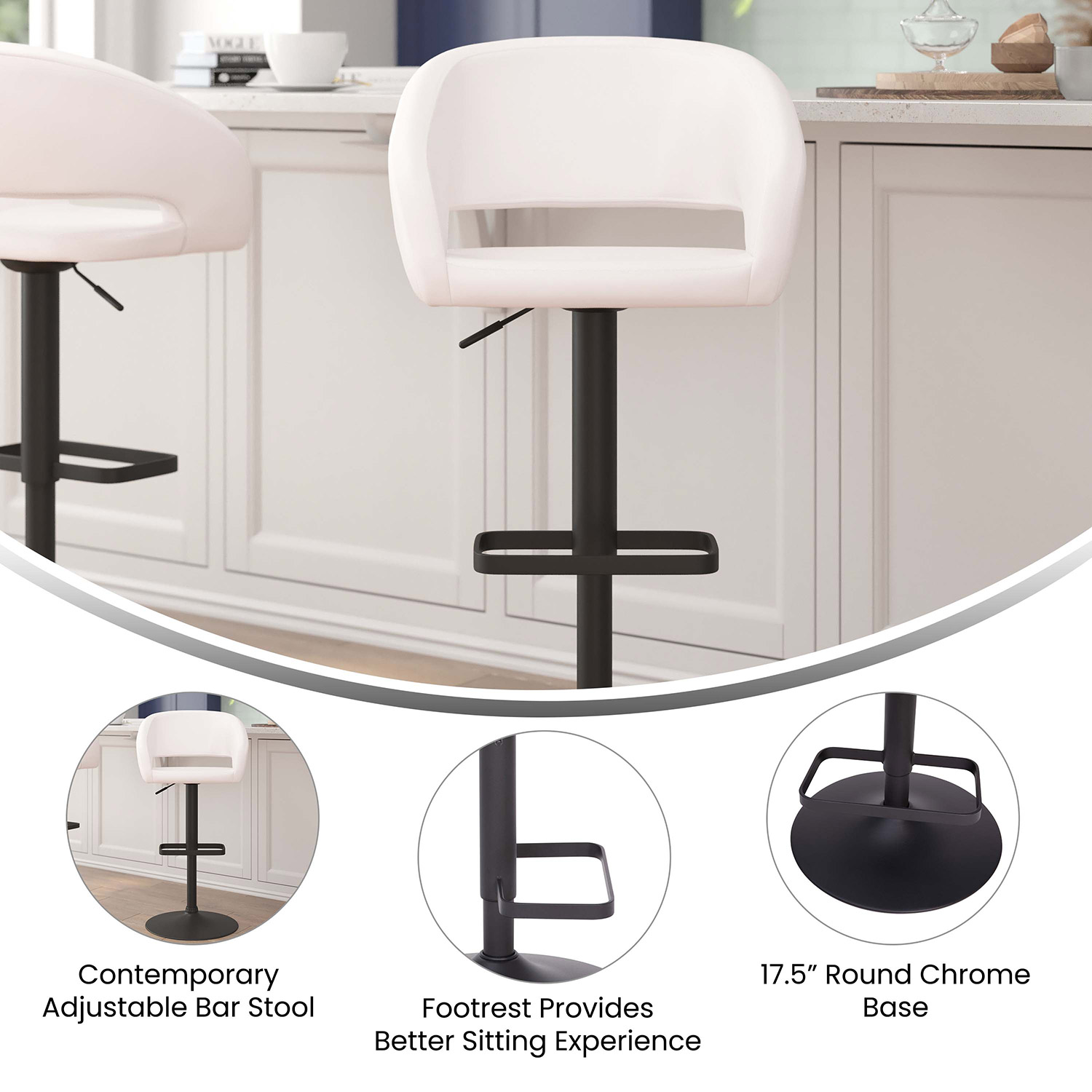 BLNK Erik Vinyl Adjustable Height Bar Stool with Rounded Mid-Back and Black Base - White