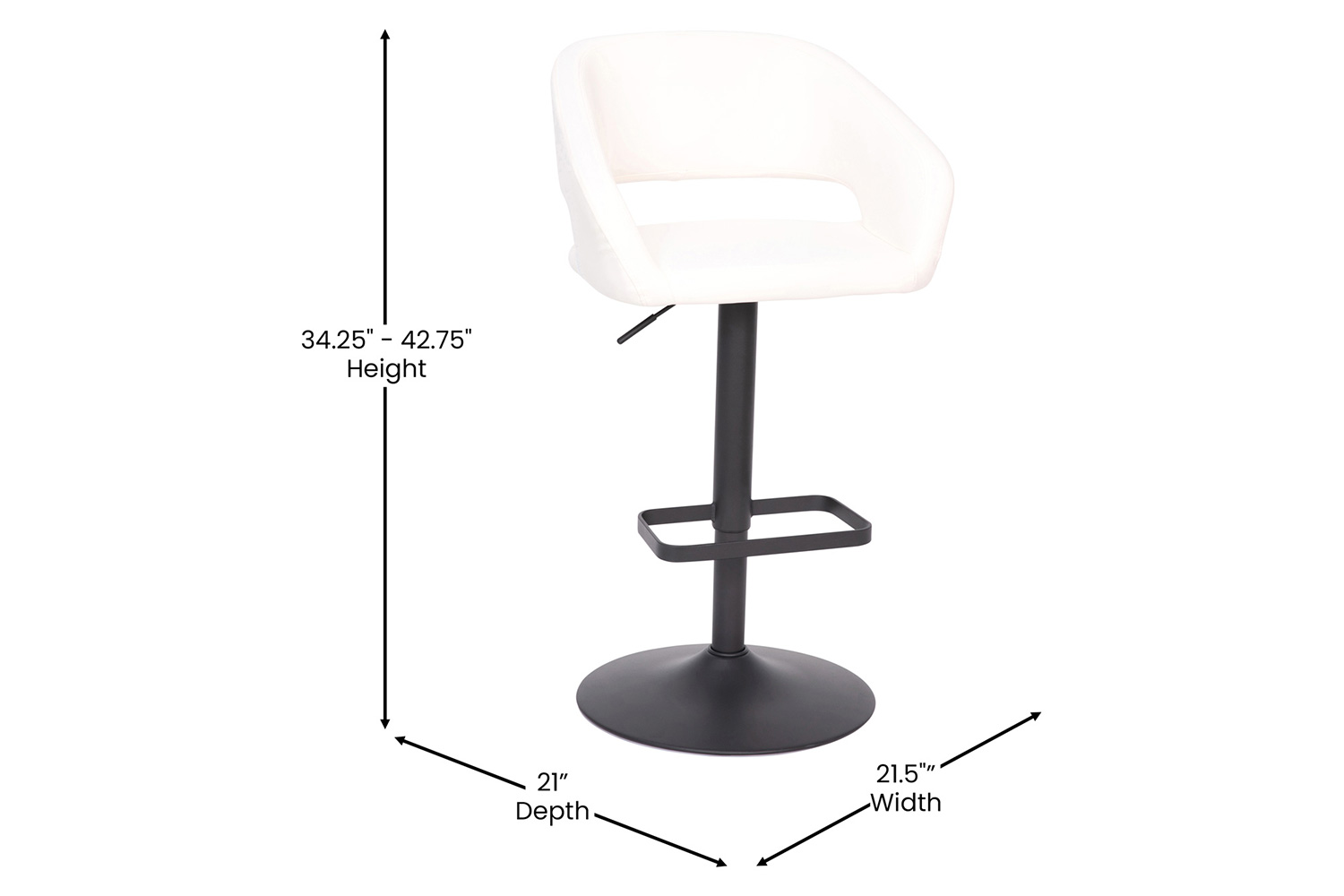 BLNK Erik Vinyl Adjustable Height Bar Stool with Rounded Mid-Back and Black Base - White