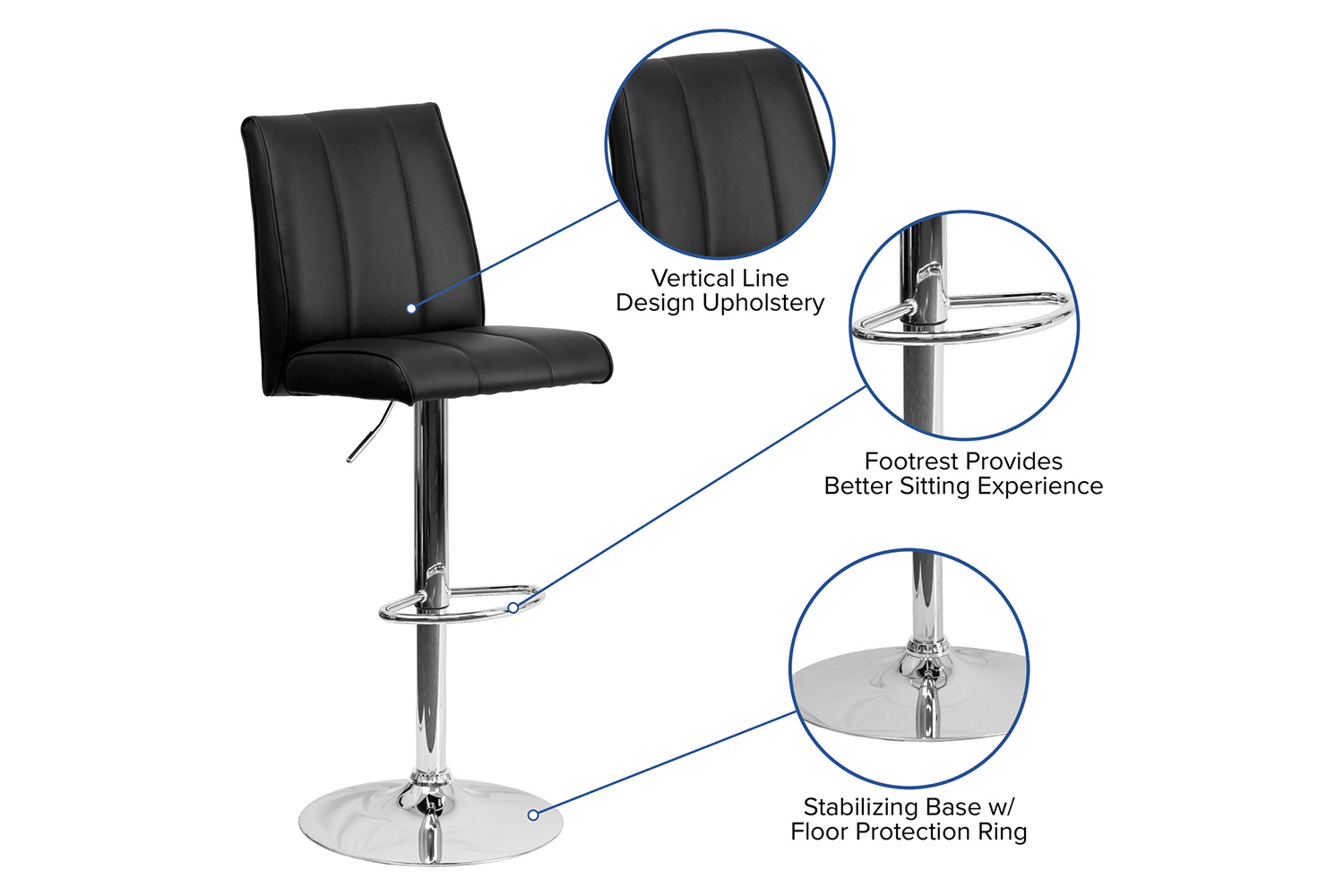 BLNK Charles Vinyl Adjustable Height Bar Stool with Vertical Stitch Panel Back and Chrome Base - Black