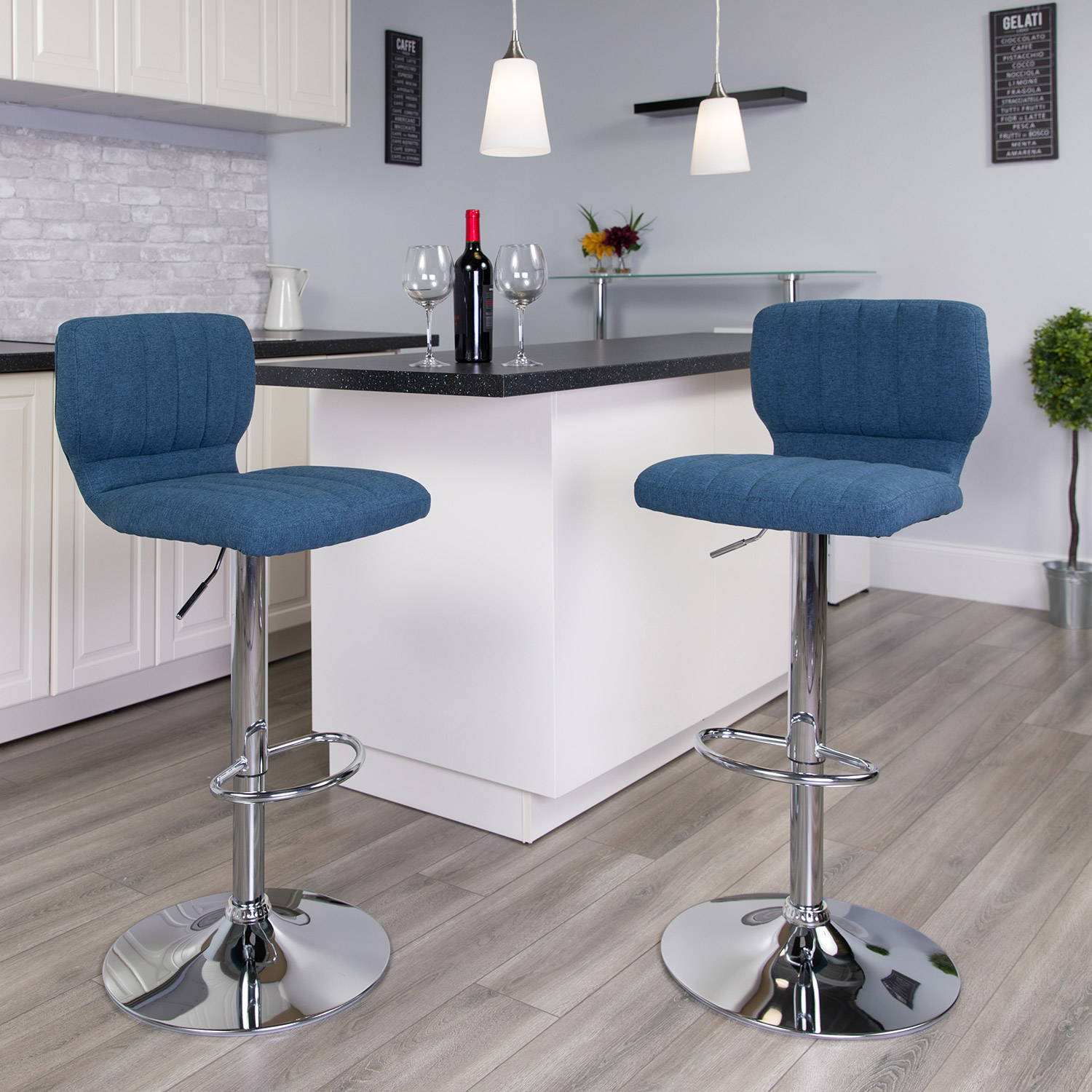 BLNK Jeremy Fabric Adjustable Height Bar Stool with Vertical Stitch Back and Chrome Base