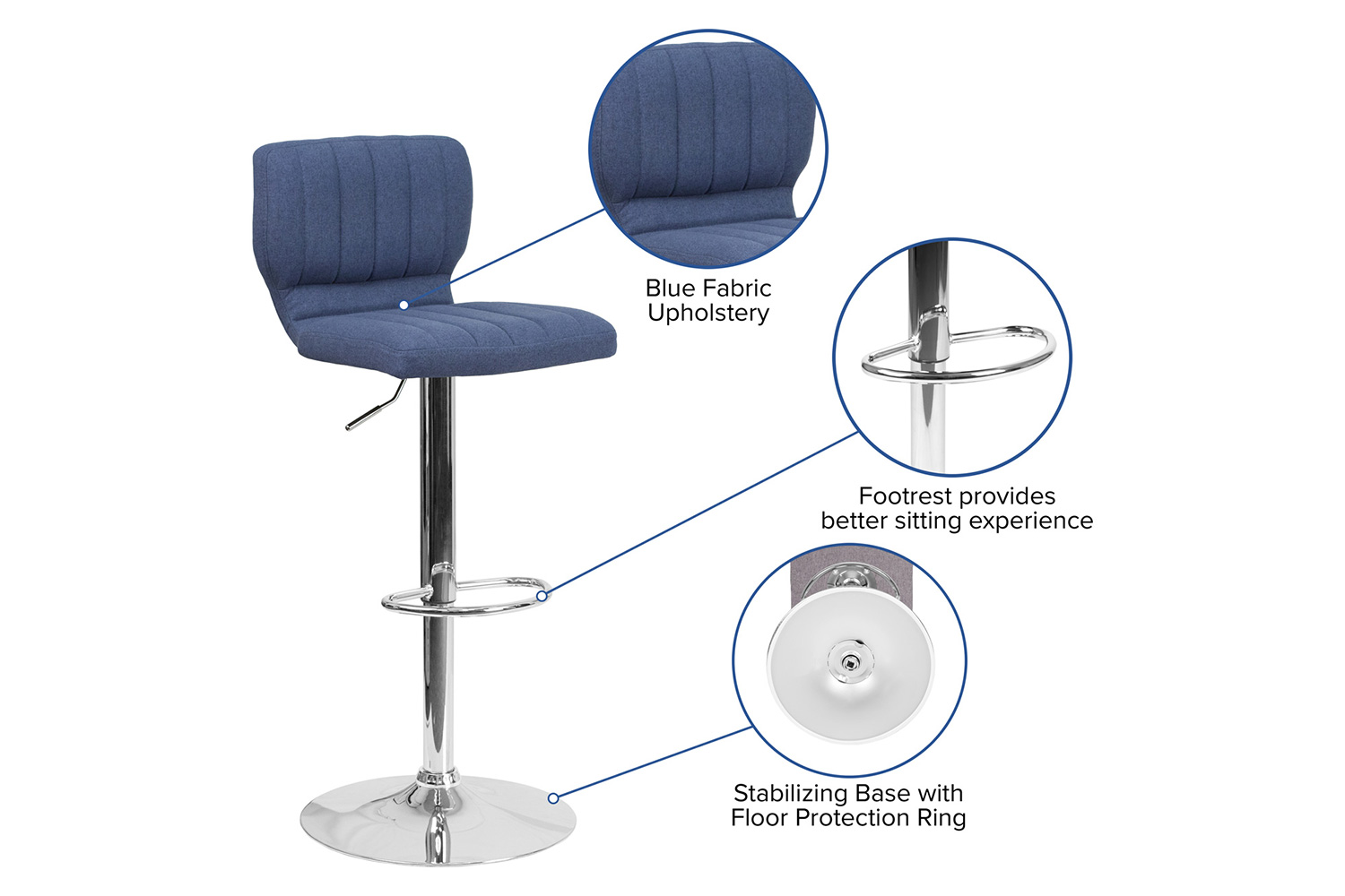 BLNK Jeremy Fabric Adjustable Height Bar Stool with Vertical Stitch Back and Chrome Base - Blue