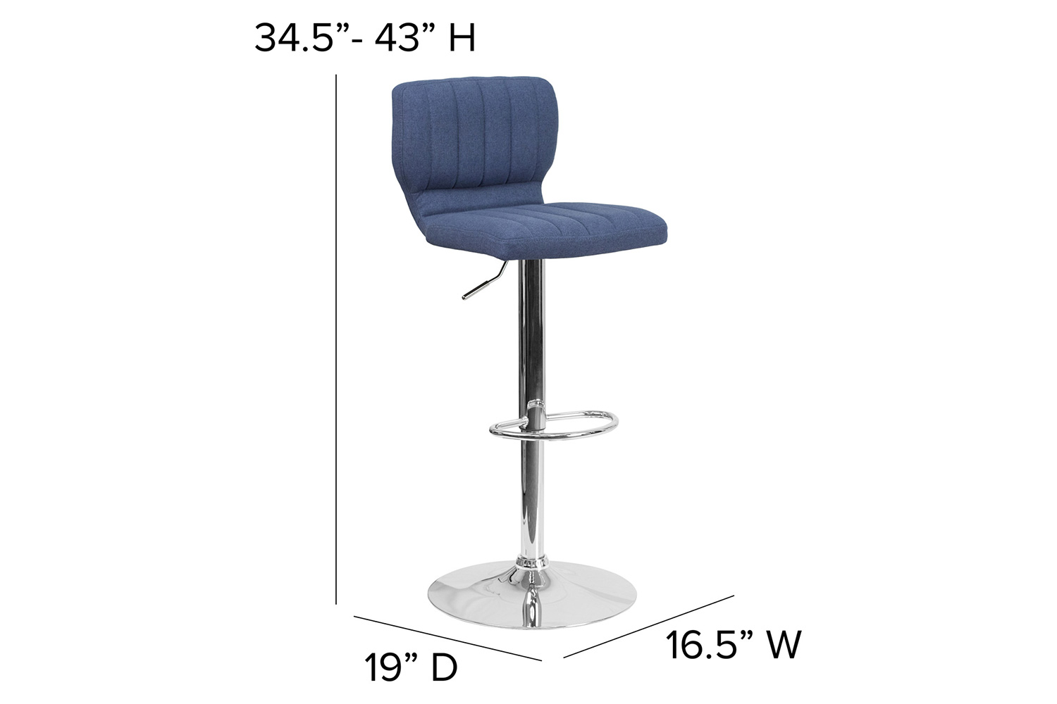 BLNK Jeremy Fabric Adjustable Height Bar Stool with Vertical Stitch Back and Chrome Base - Blue