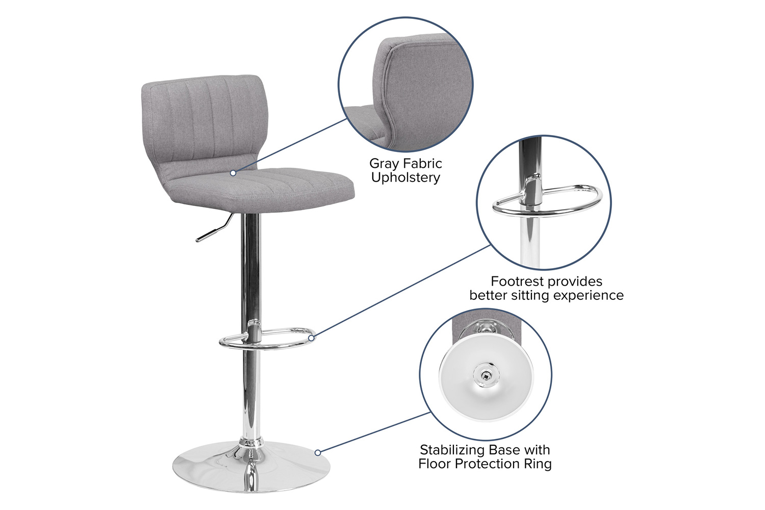 BLNK Jeremy Fabric Adjustable Height Bar Stool with Vertical Stitch Back and Chrome Base - Gray