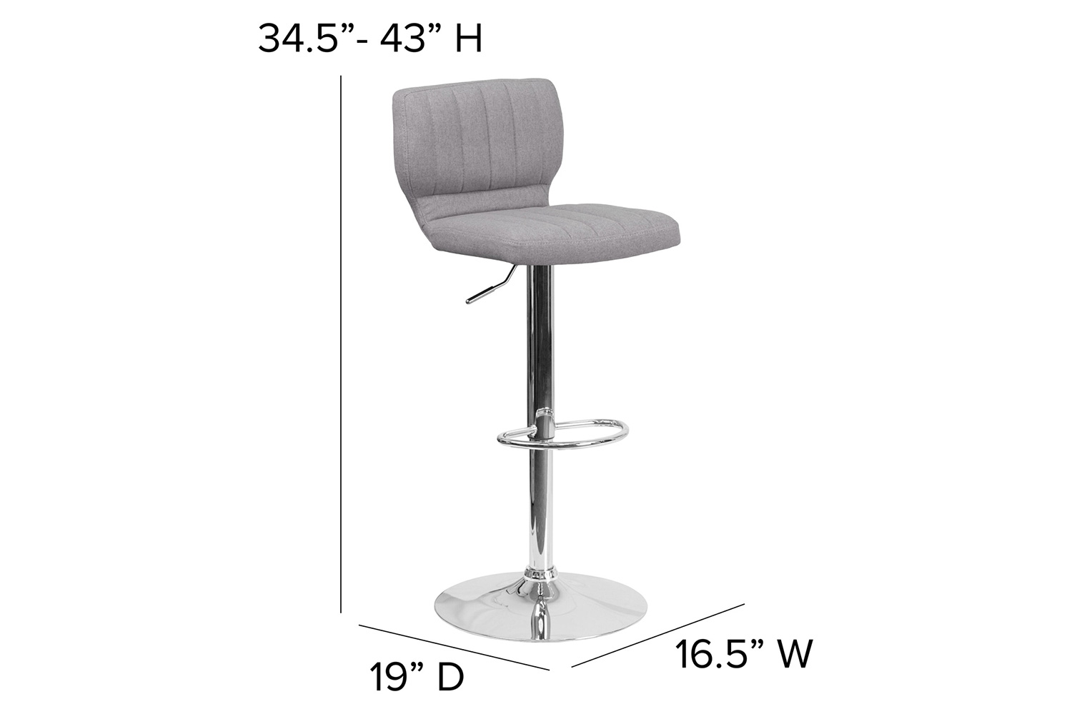 BLNK Jeremy Fabric Adjustable Height Bar Stool with Vertical Stitch Back and Chrome Base - Gray