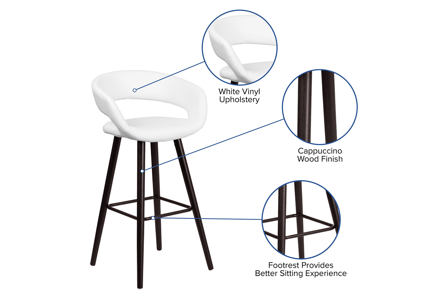 BLNK Brynn Series Vinyl Contemporary Cappuccino Wood Bar Stool - White